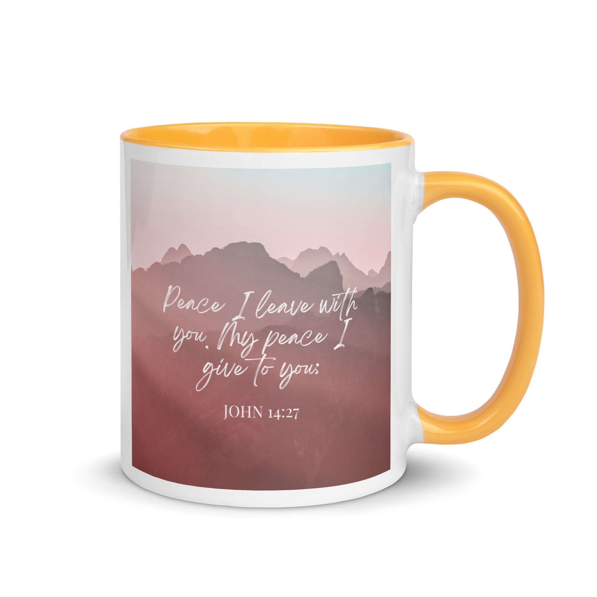 John 14:27 Bible Verse, I give you White Ceramic Mug with Color Inside Golden Yellow 11 oz