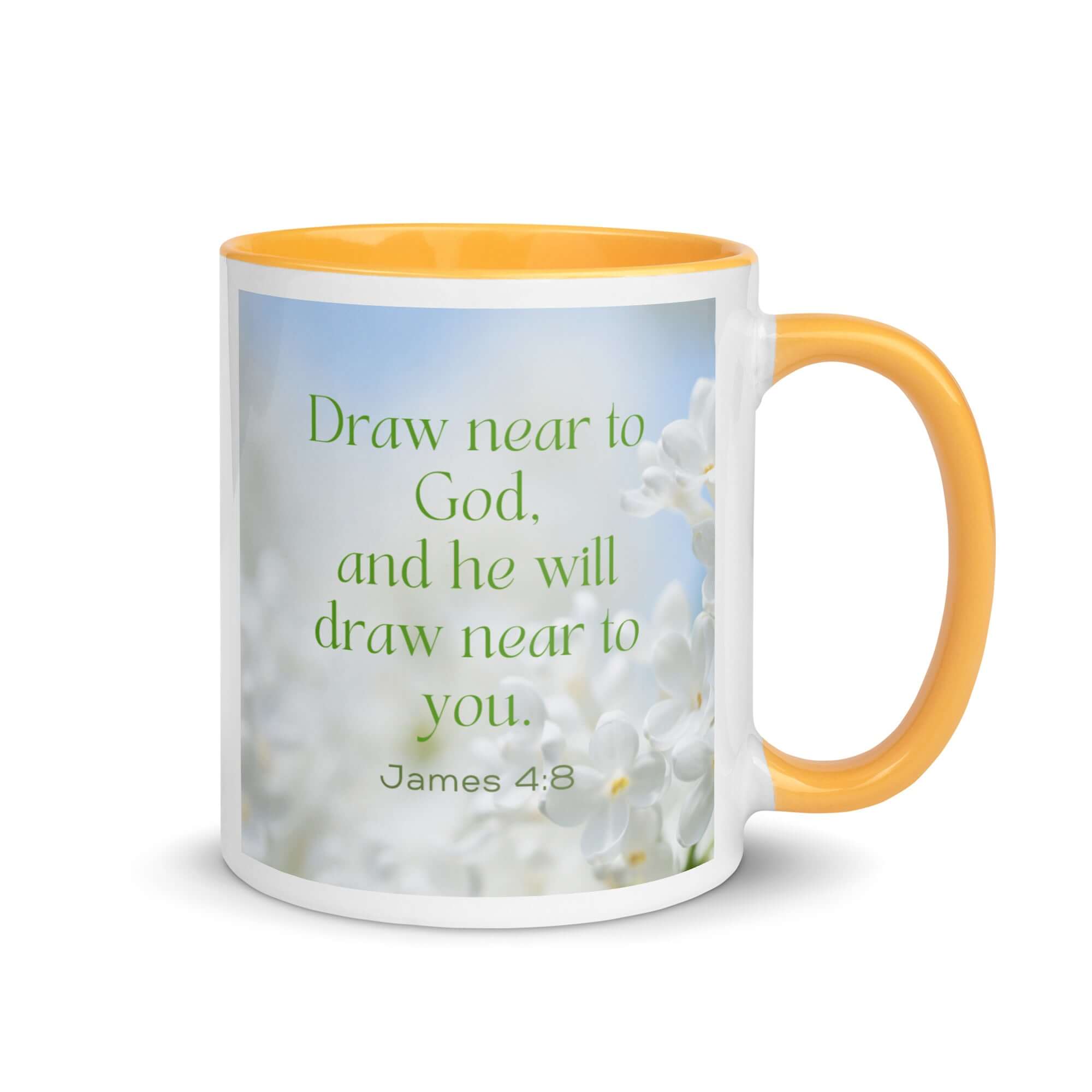 James 4:8 Bible Verse, Draw near White Ceramic Mug with Color Inside Golden Yellow 11 oz