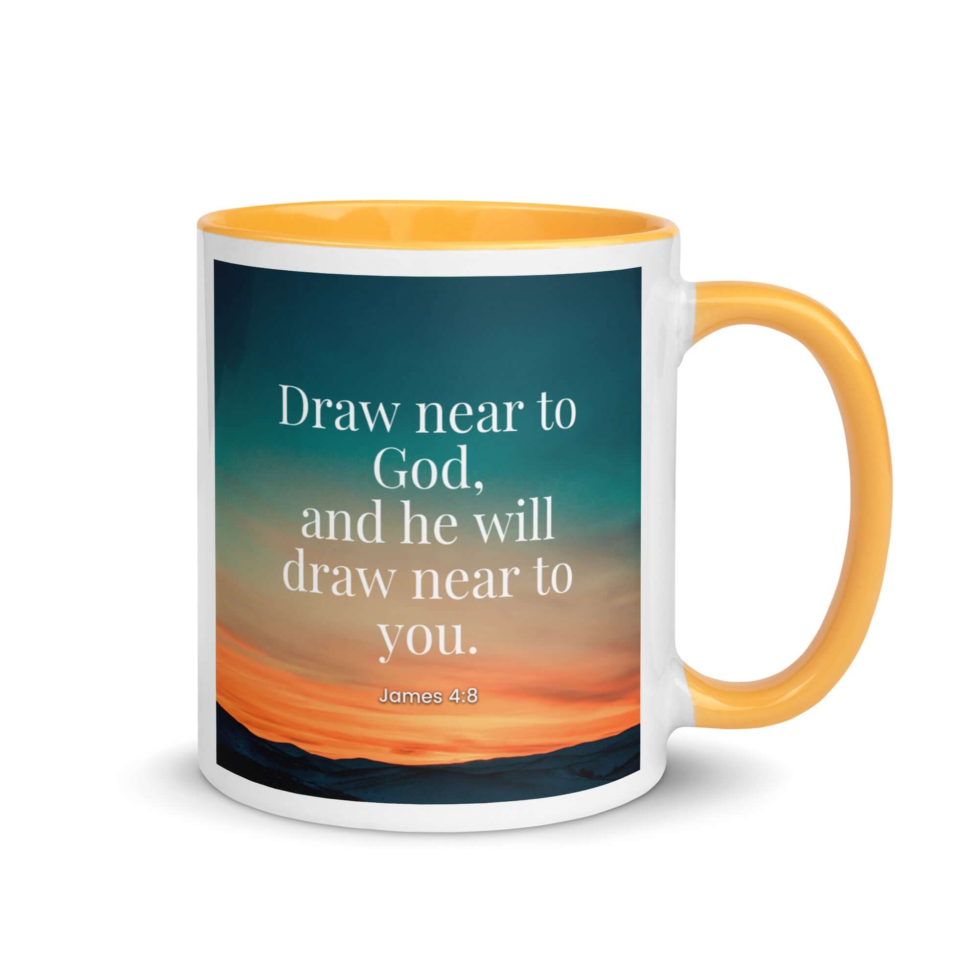 James 4:8 Bible Verse, near to God White Ceramic Mug with Color Inside Golden Yellow 11 oz