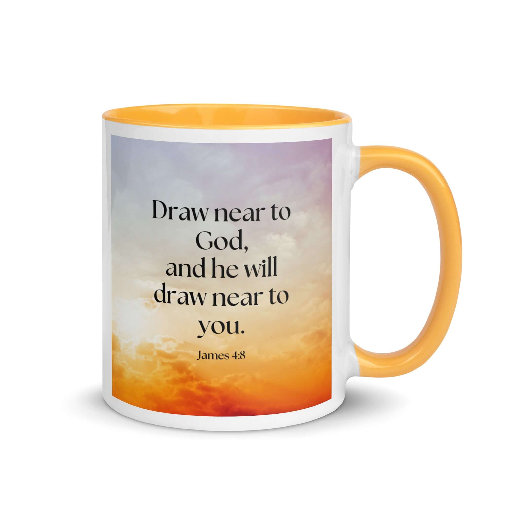 James 4:8 Bible Verse, he will draw White Ceramic Mug with Color Inside Golden Yellow 11 oz
