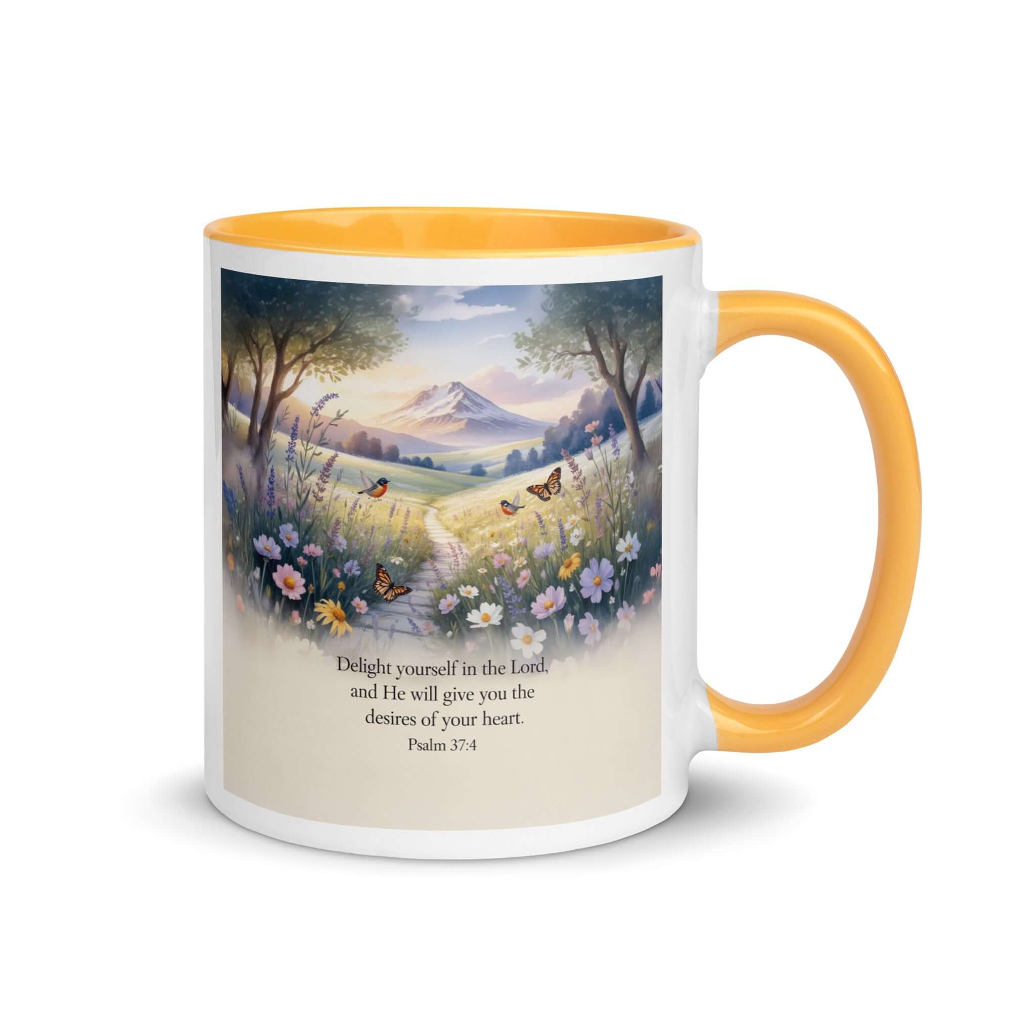 Psalm 37:4 Bible Verse, Delight White Ceramic Mug with Color Inside Golden Yellow 11 oz