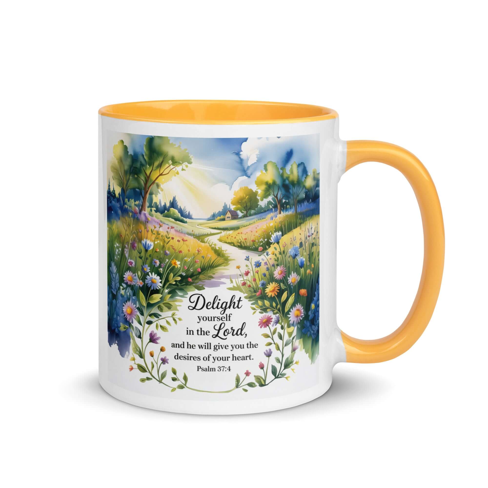 Psalm 37:4 Bible Verse, desires White Ceramic Mug with Color Inside Golden Yellow 11 oz