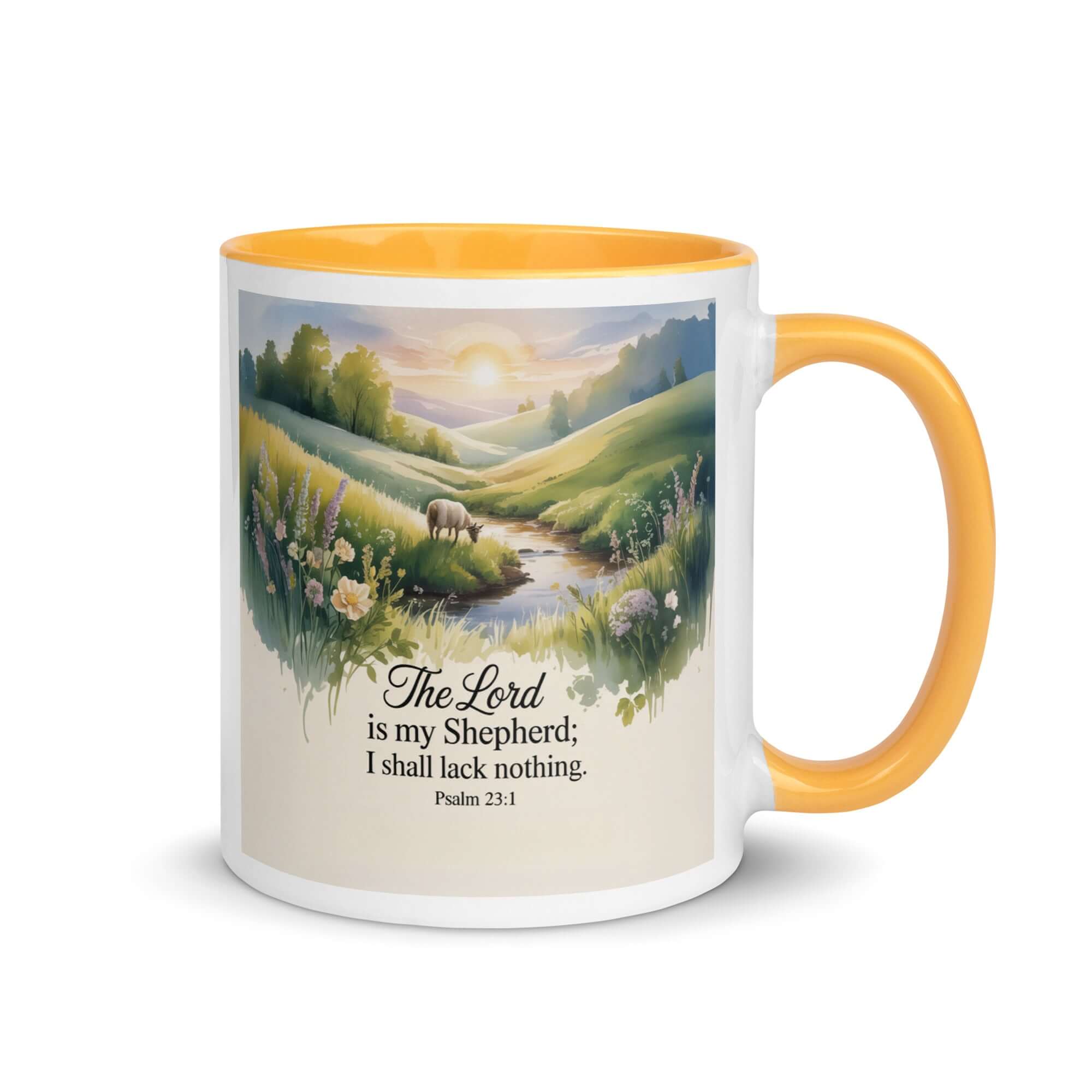 Psalm 23:1 Bible Verse, Lord White Ceramic Mug with Color Inside Golden Yellow 11 oz