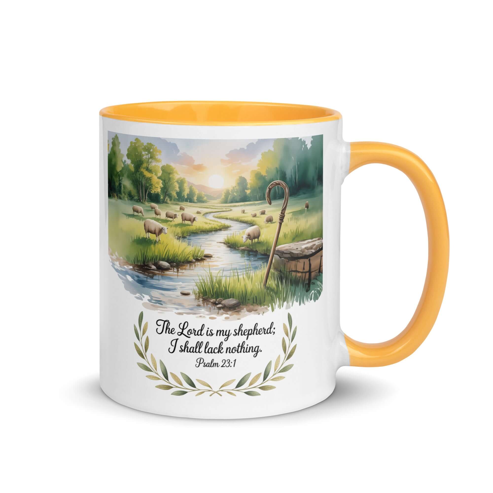 Psalm 23:1 Bible Verse, is my White Ceramic Mug with Color Inside Golden Yellow 11 oz