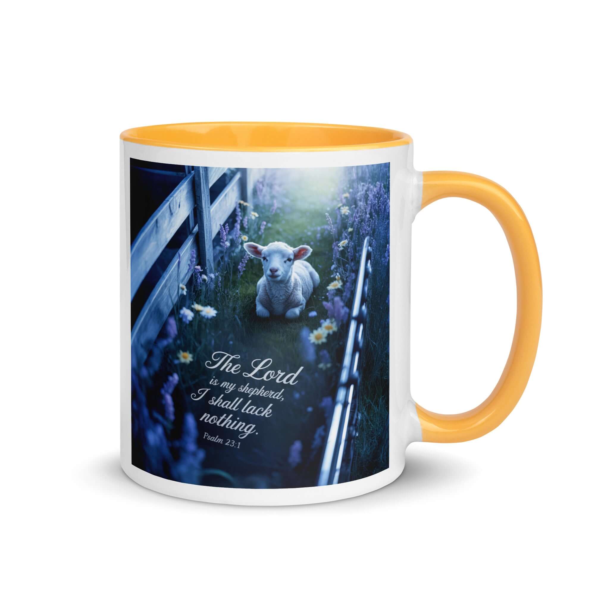 Psalm 23:1 Bible Verse, Shepherd White Ceramic Mug with Color Inside Golden Yellow 11 oz