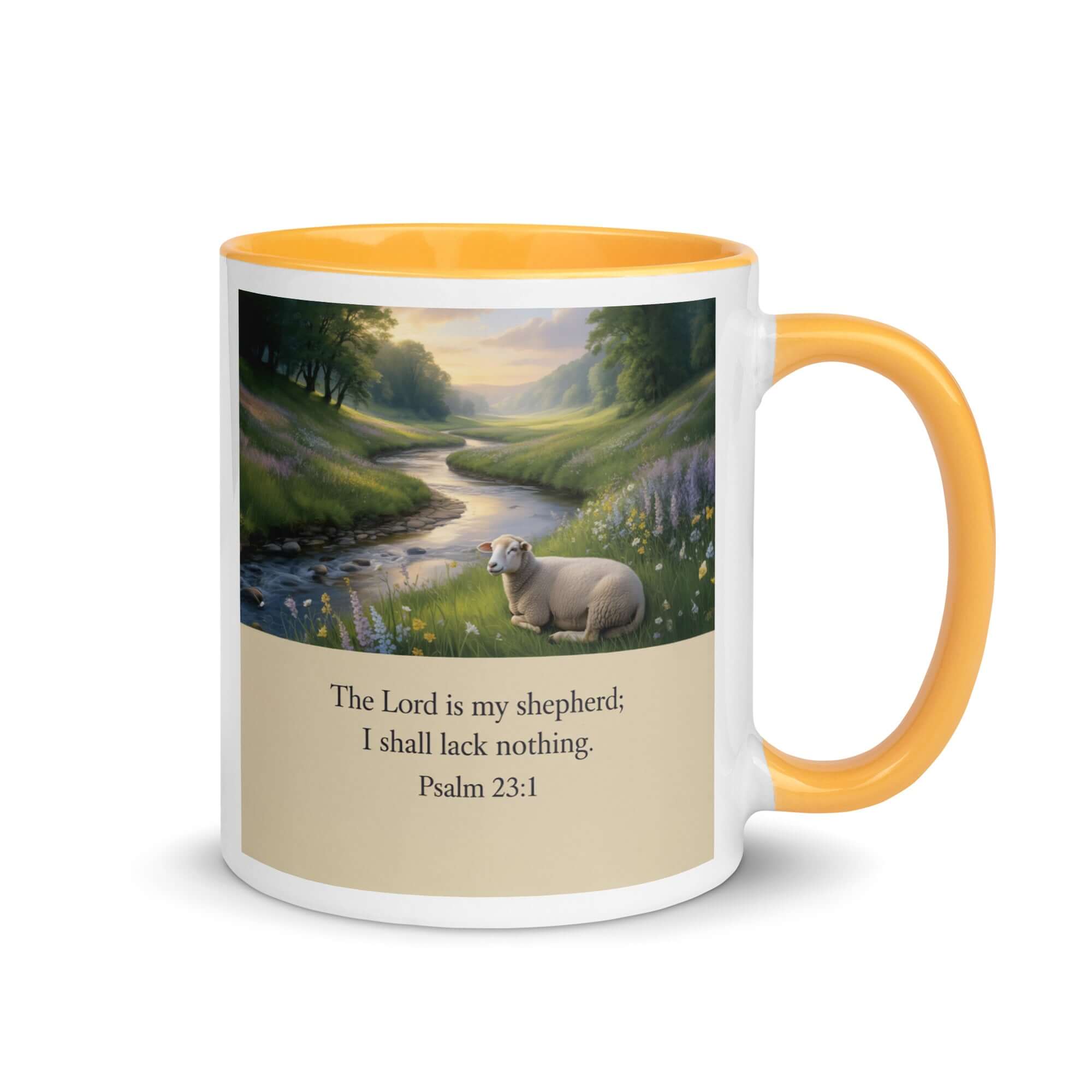 Psalm 23:1 Bible Verse, I shall White Ceramic Mug with Color Inside Golden Yellow 11 oz