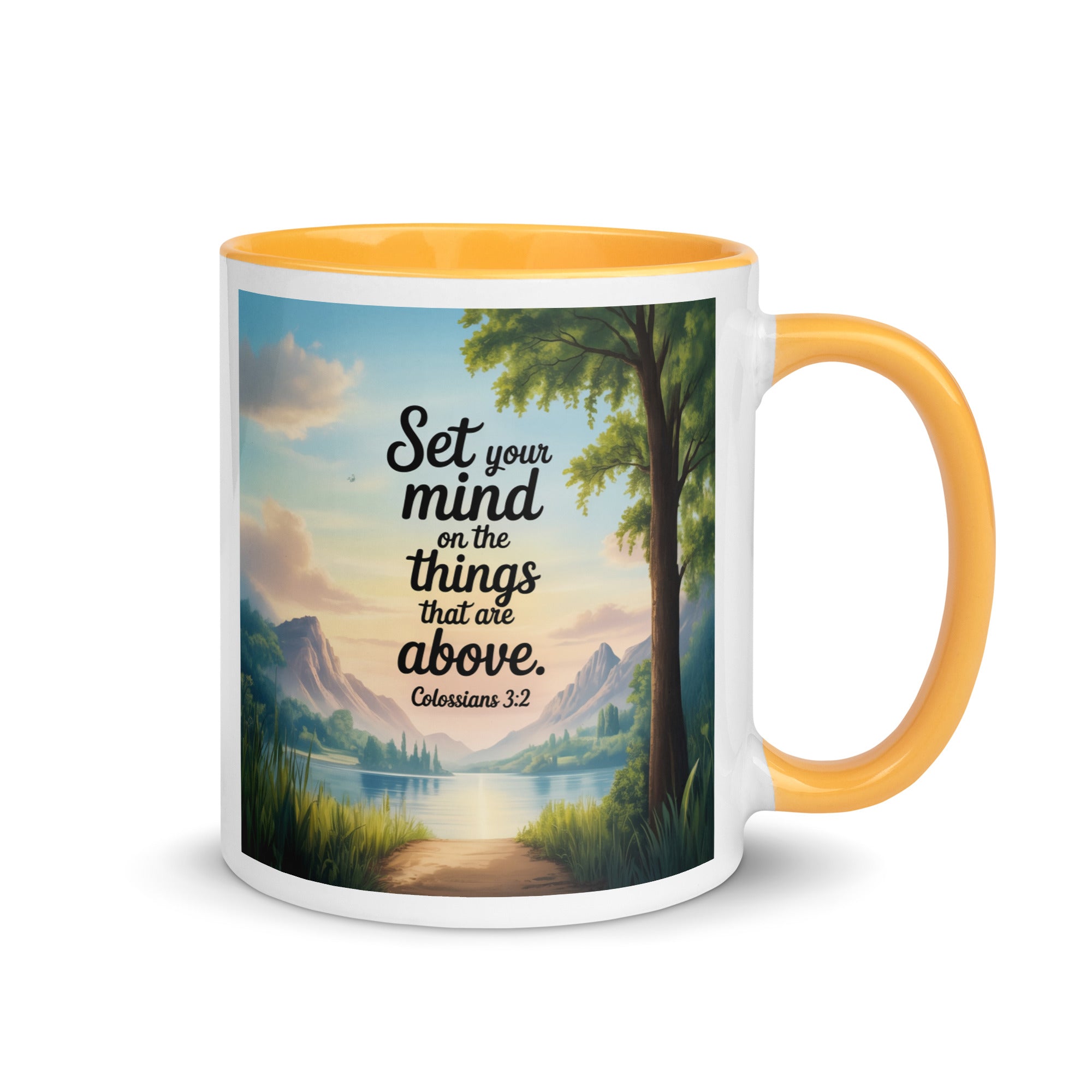 Colossians 3:2 Bible Verse Set White Ceramic Mug with Color Inside Golden Yellow 11 oz
