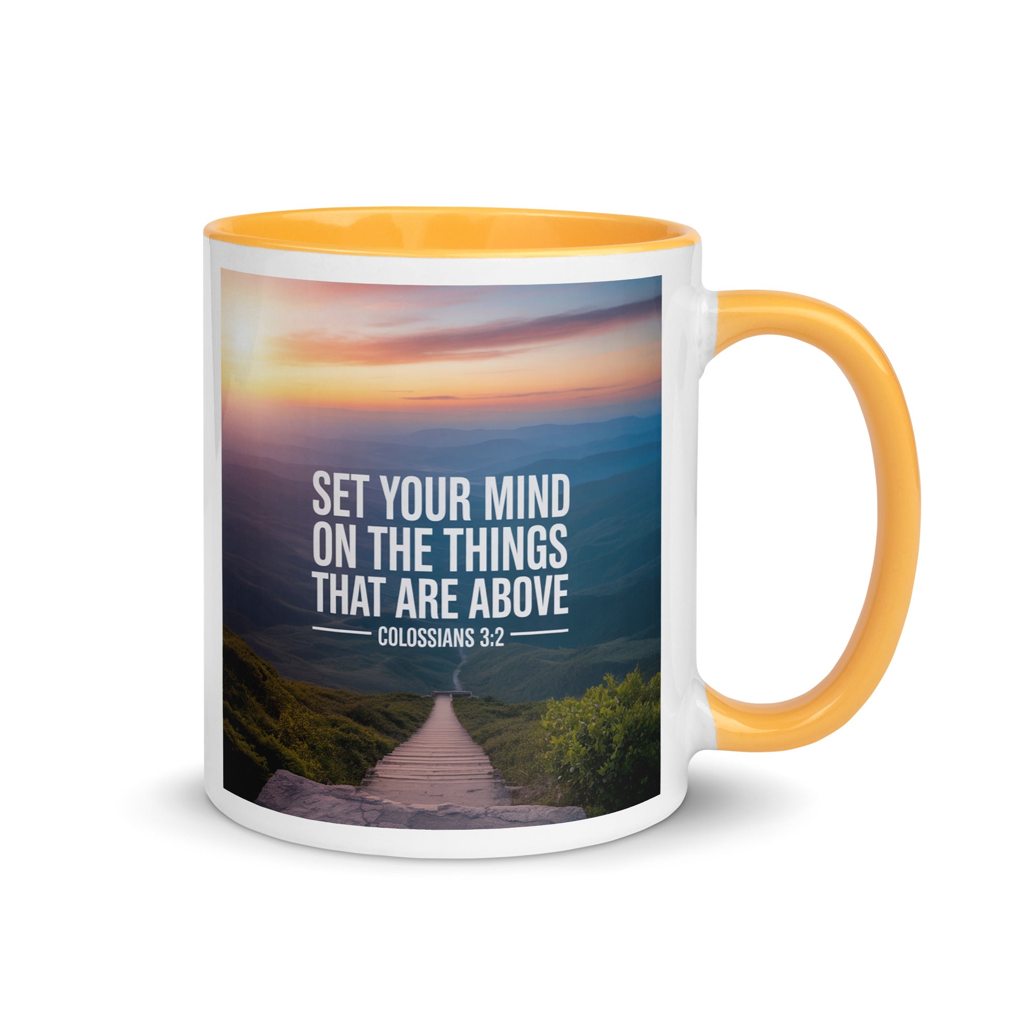 Colossians 3:2 Bible Verse your mind White Ceramic Mug with Color Inside Golden Yellow 11 oz