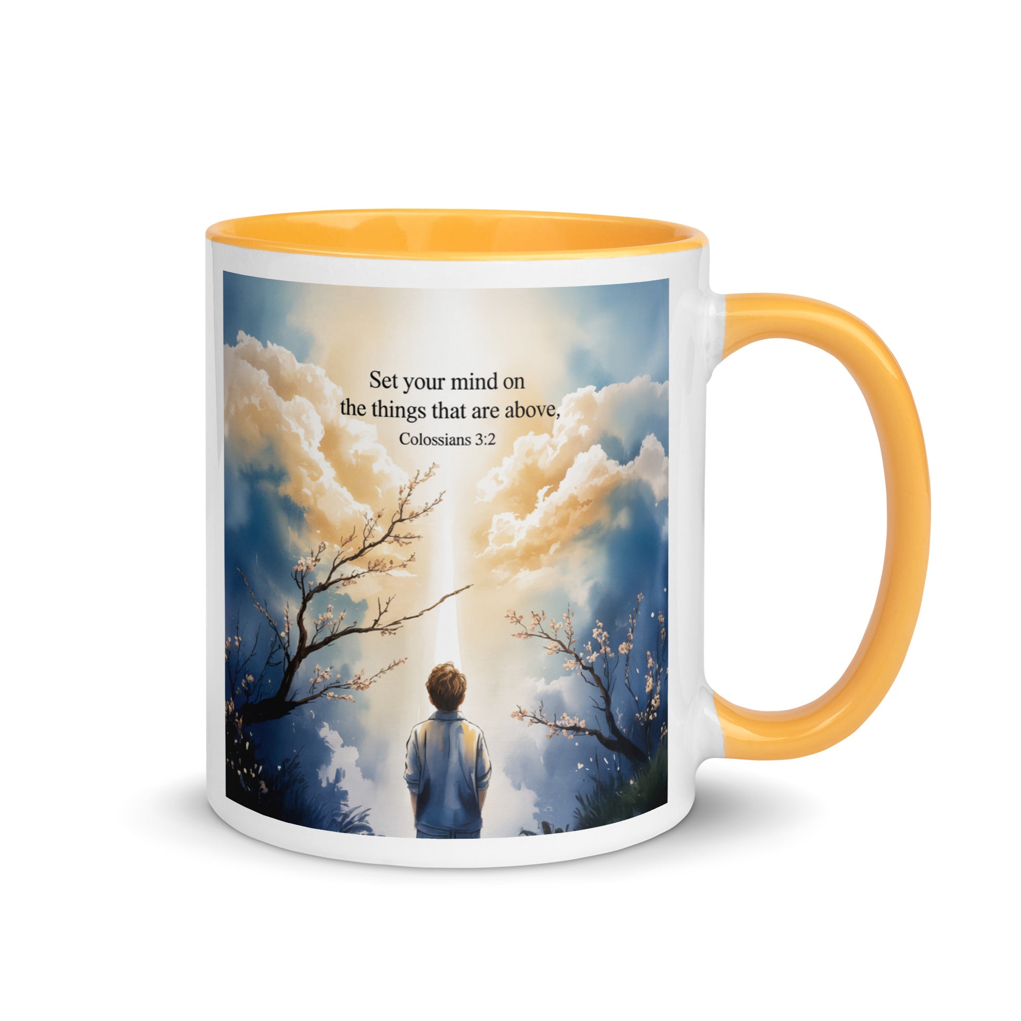 Colossians 3:2 Bible Verse the things White Ceramic Mug with Color Inside Golden Yellow 11 oz