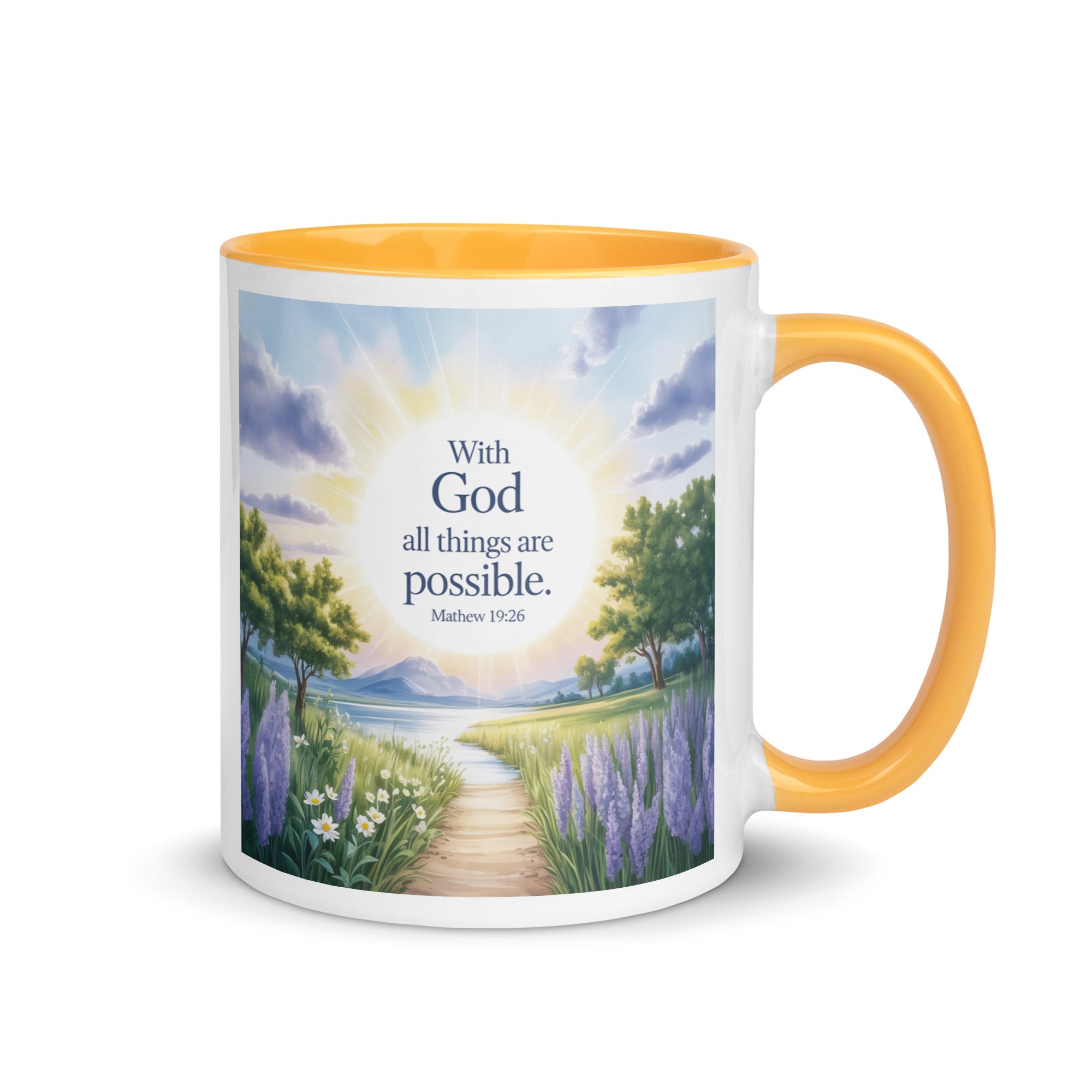 Matthew 19:26 Bible Verse Looking at White Ceramic Mug with Color Inside Golden Yellow 11 oz