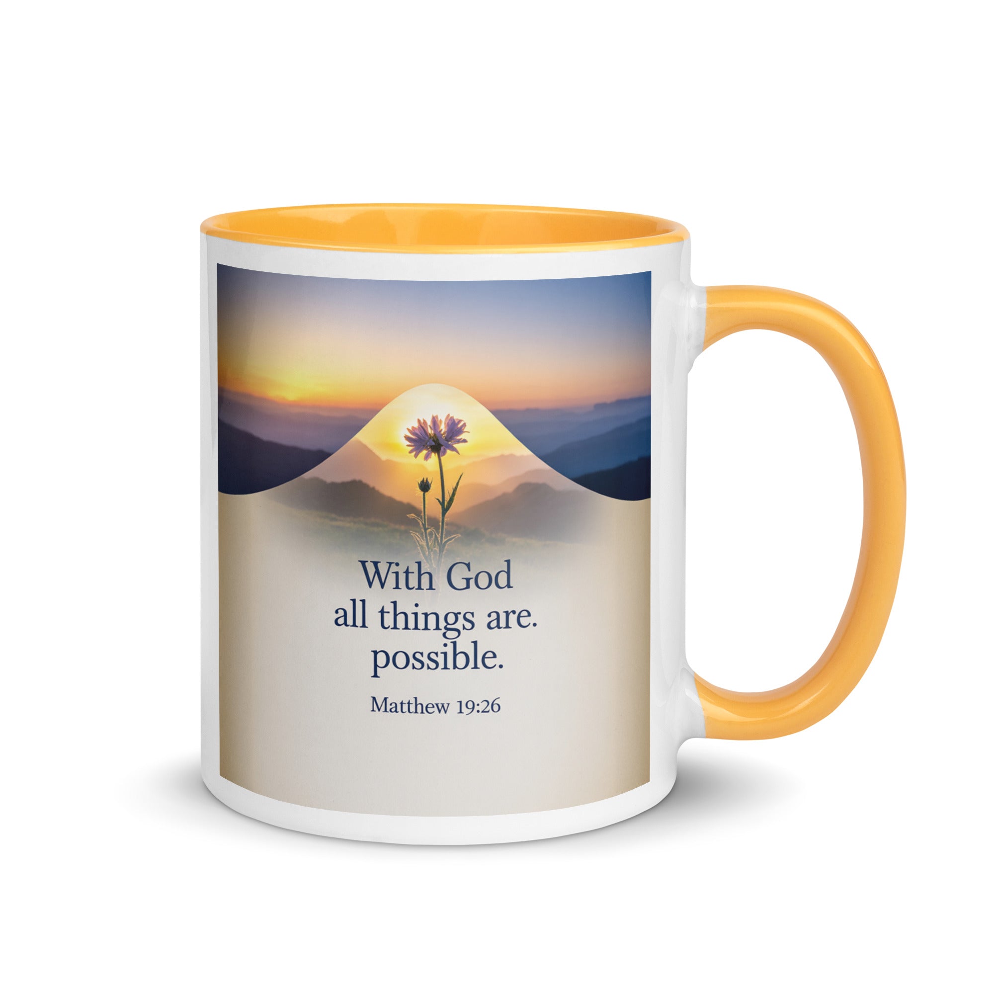 Matthew 19:26 Bible Verse at them White Ceramic Mug with Color Inside Golden Yellow 11 oz