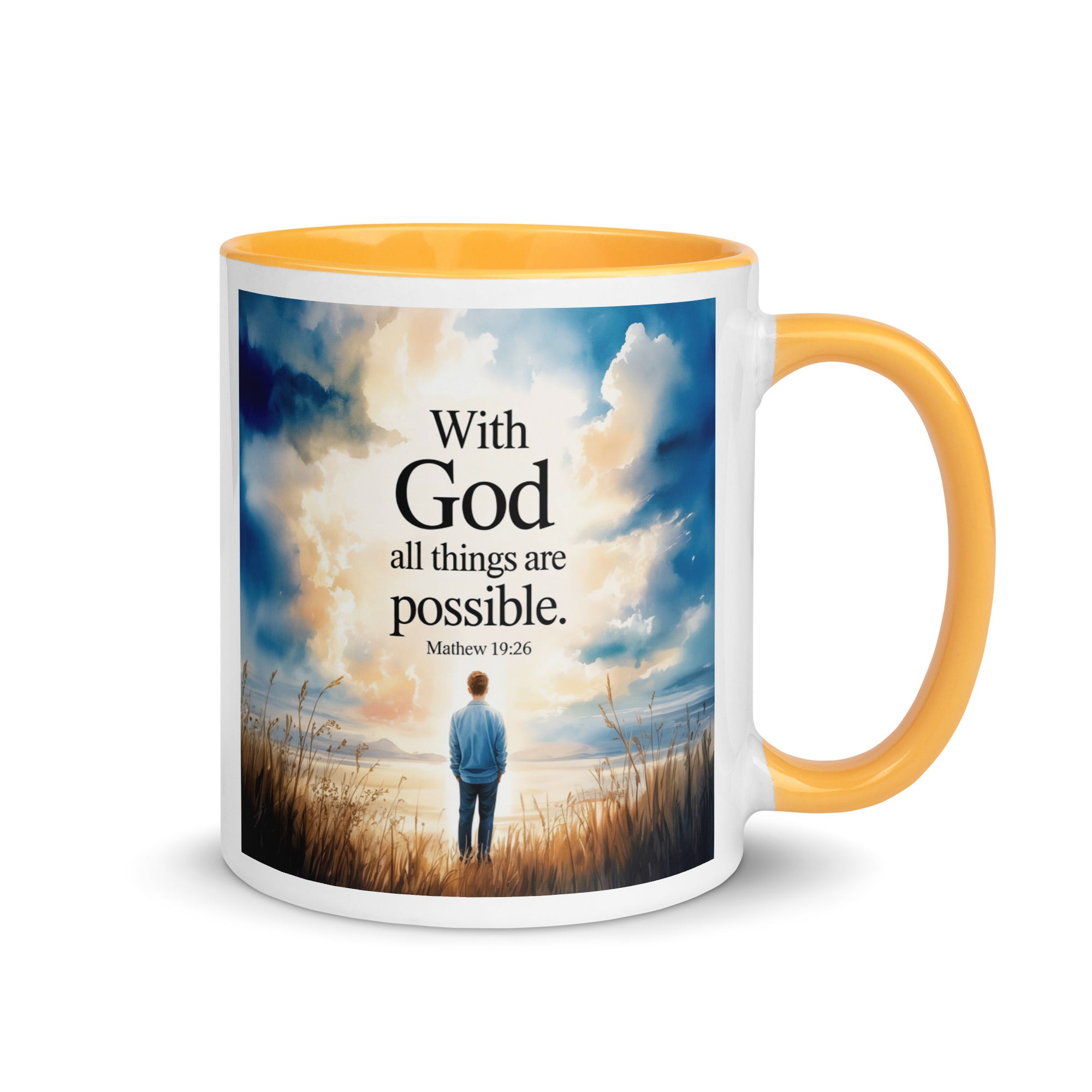 Matthew 19:26 Bible Verse Jesus White Ceramic Mug with Color Inside Golden Yellow 11 oz