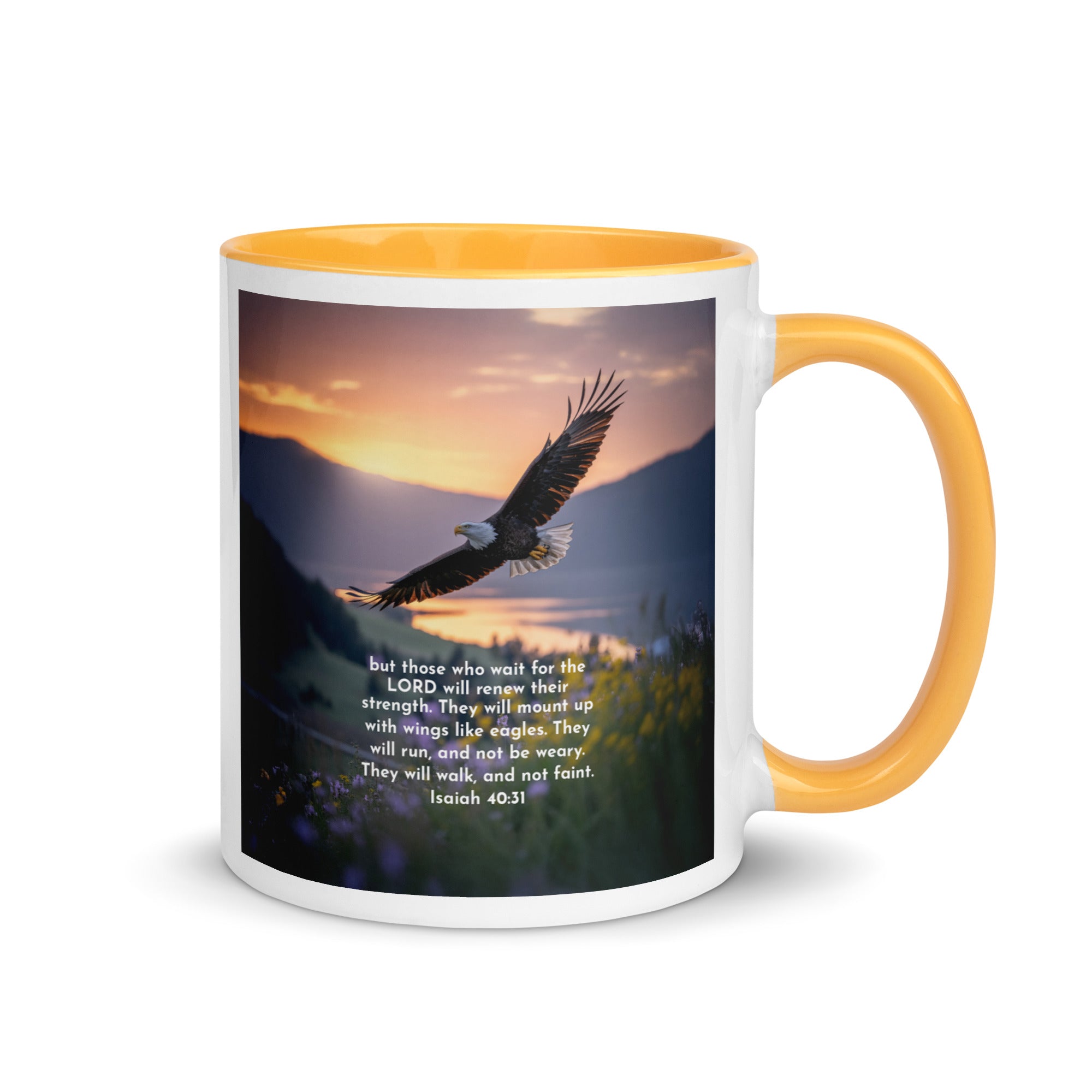 Isaiah 40:31 Bible Verse Renew Strength White Ceramic Mug with Color Inside Golden Yellow 11 oz