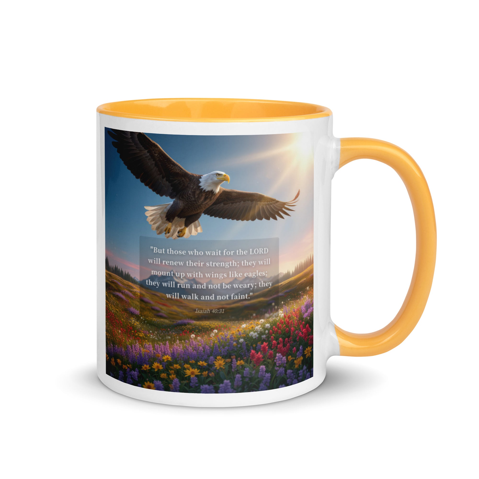 Isaiah 40:31 Bible Verse Who Wait White Ceramic Mug with Color Inside Golden Yellow 11 oz