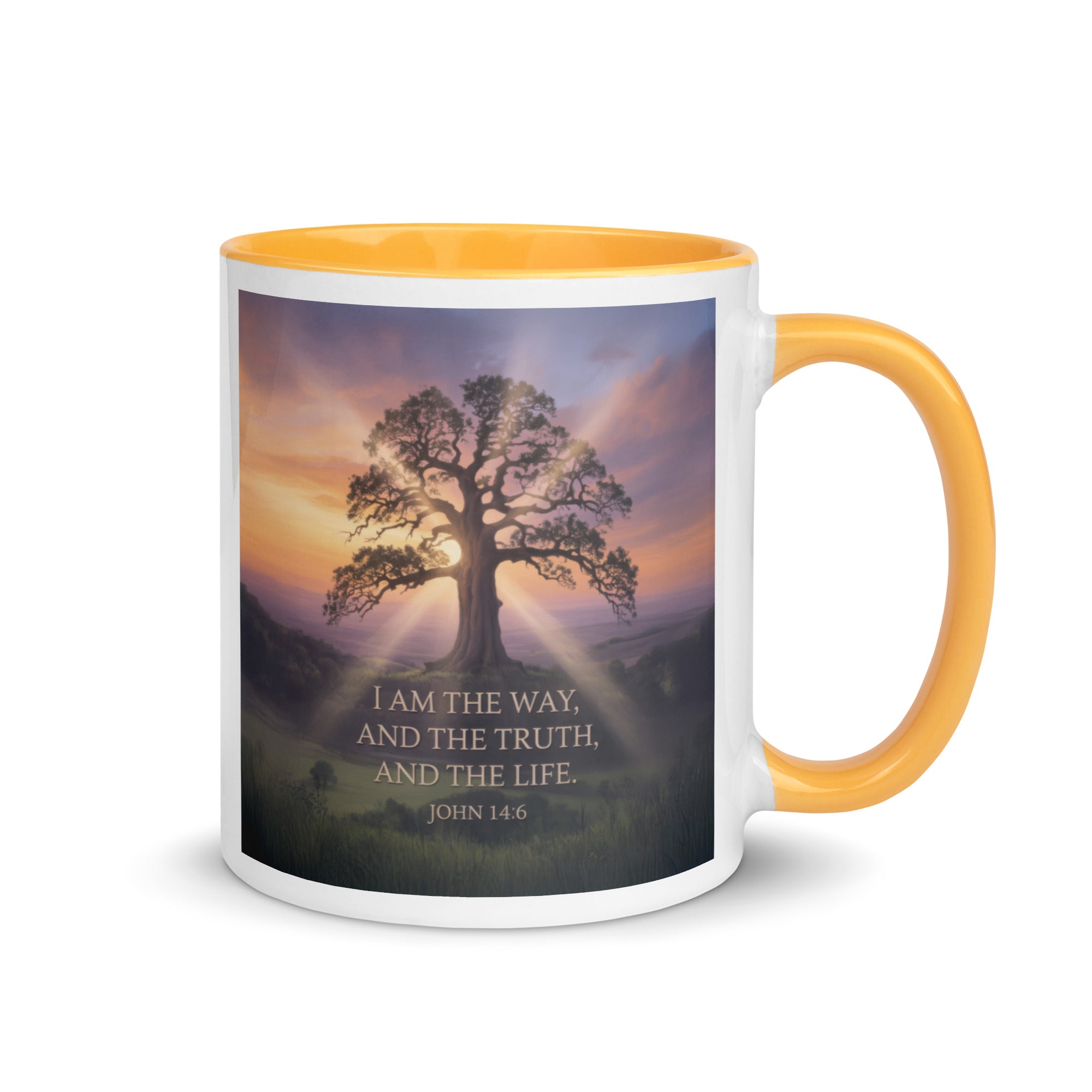 John 14:6 Bible Verse Jesus said White Ceramic Mug with Color Inside Golden Yellow 11 oz