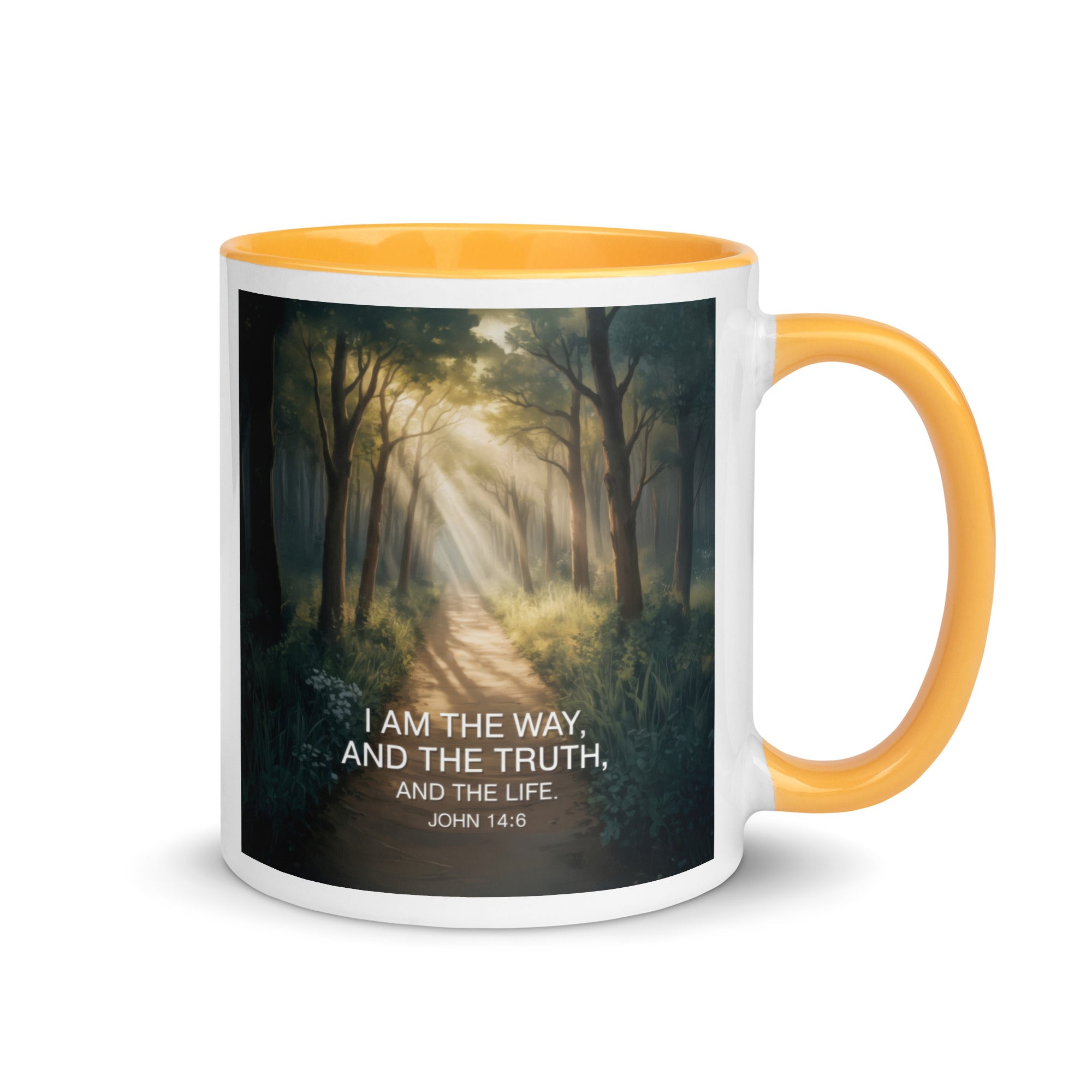 John 14:6 Bible Verse I Am White Ceramic Mug with Color Inside Golden Yellow 11 oz