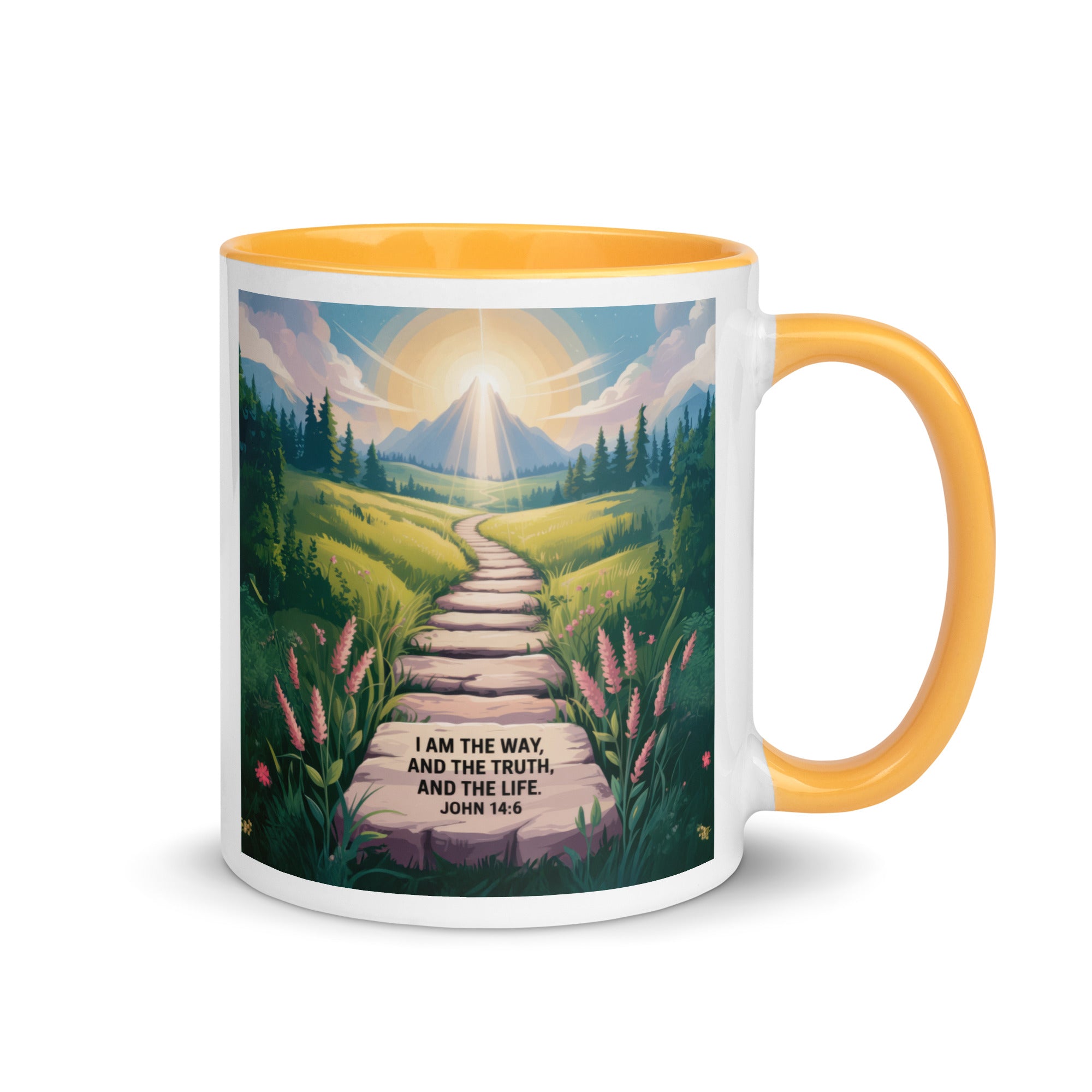 John 14:6 Bible Verse The Truth White Ceramic Mug with Color Inside Golden Yellow 11 oz