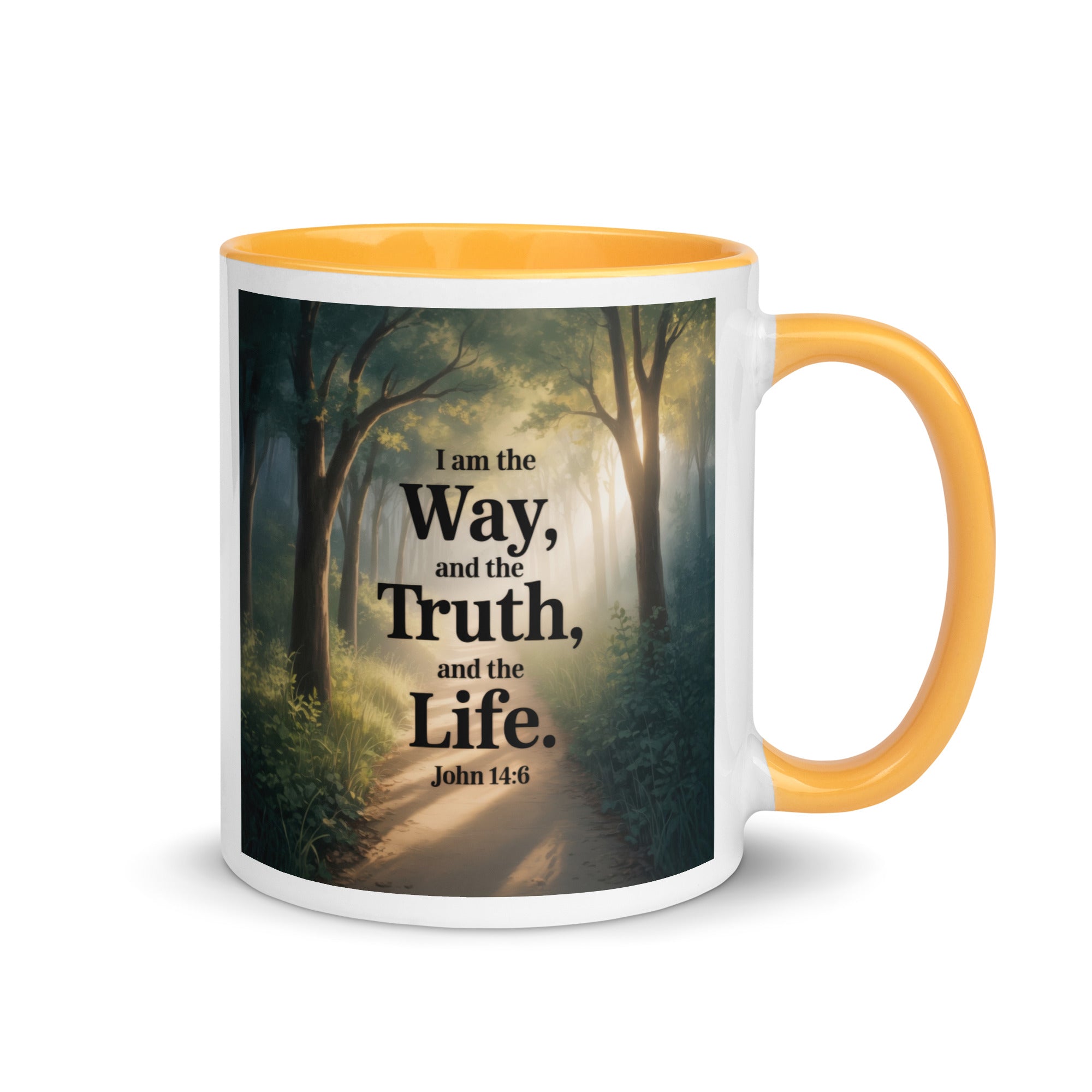 John 14:6 Bible Verse The Life White Ceramic Mug with Color Inside Golden Yellow 11 oz