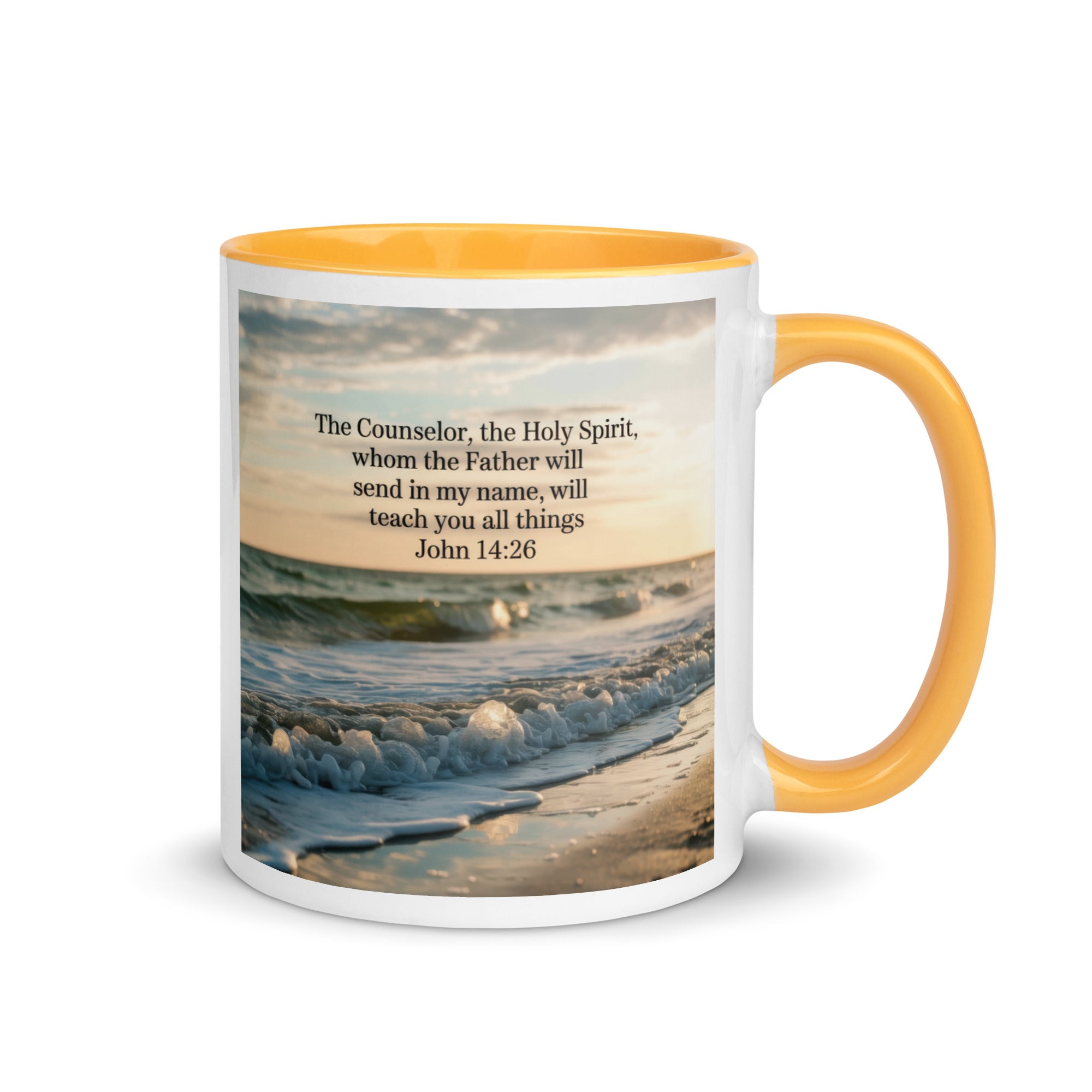 John 14:26 Bible Verse You All White Ceramic Mug with Color Inside Golden Yellow 11 oz