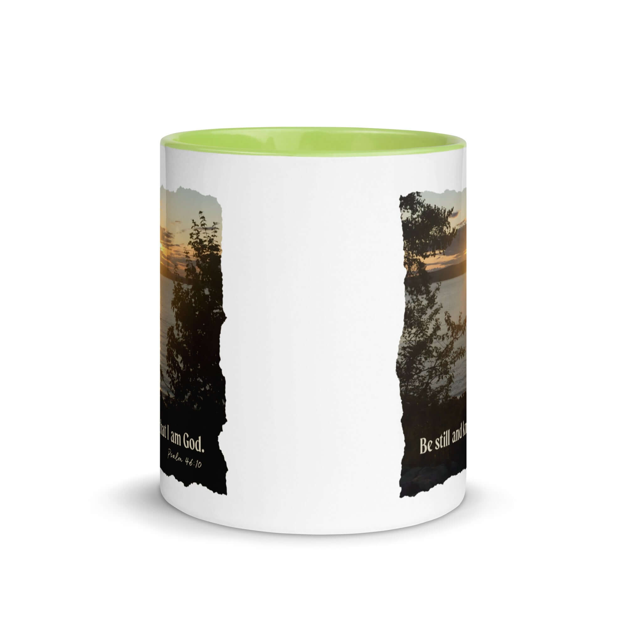 Psalm 46:10 Bible Verse, Sunset Glory White Ceramic Mug with Color Inside