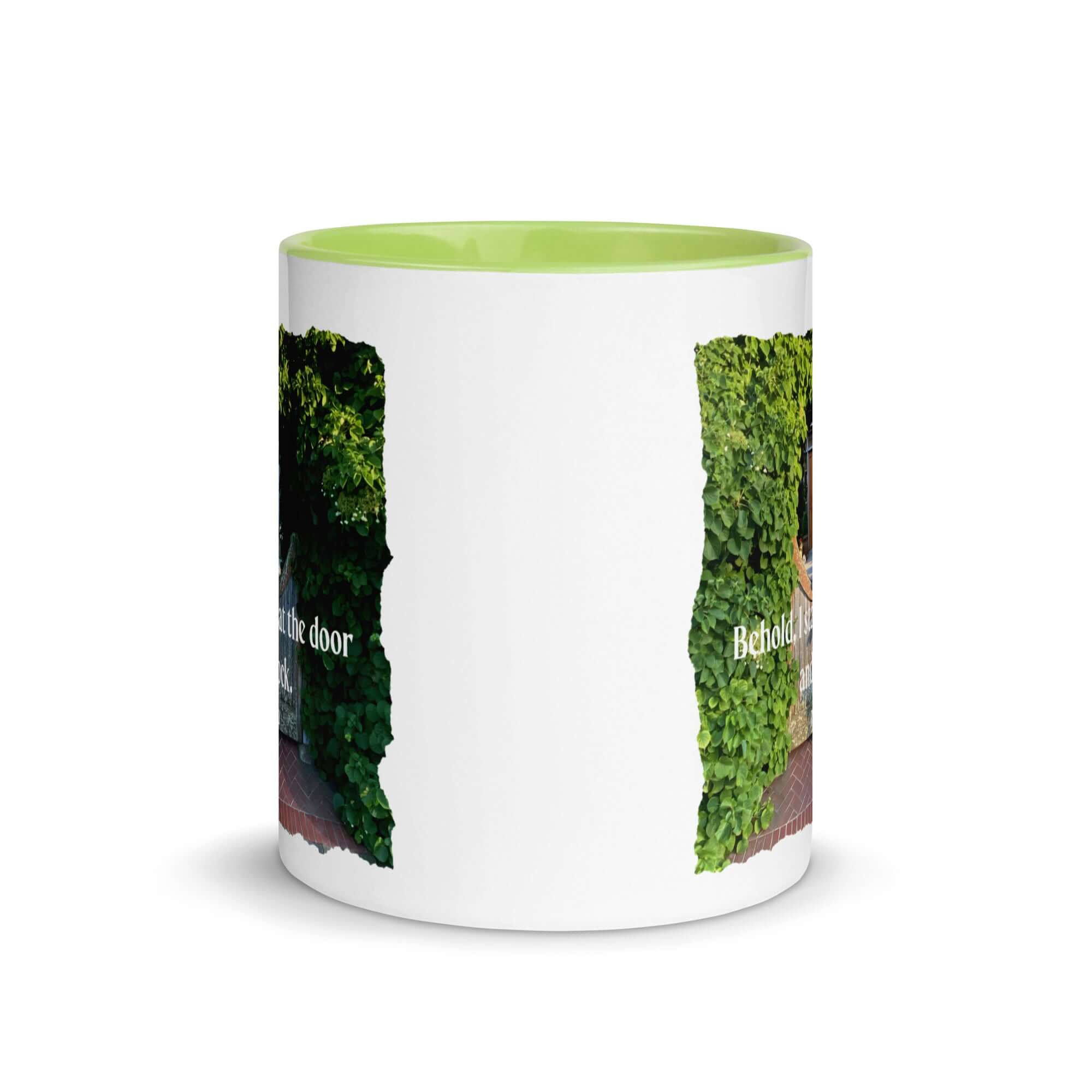 Revelation 3:20 Bible Verse, Garden Doorway White Ceramic Mug with Color Inside