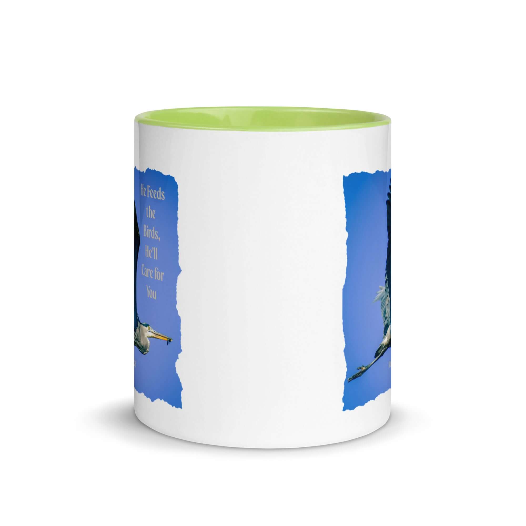 Matthew 6:26 Graceful Heron, He'll Care for You White Ceramic Mug with Color Inside