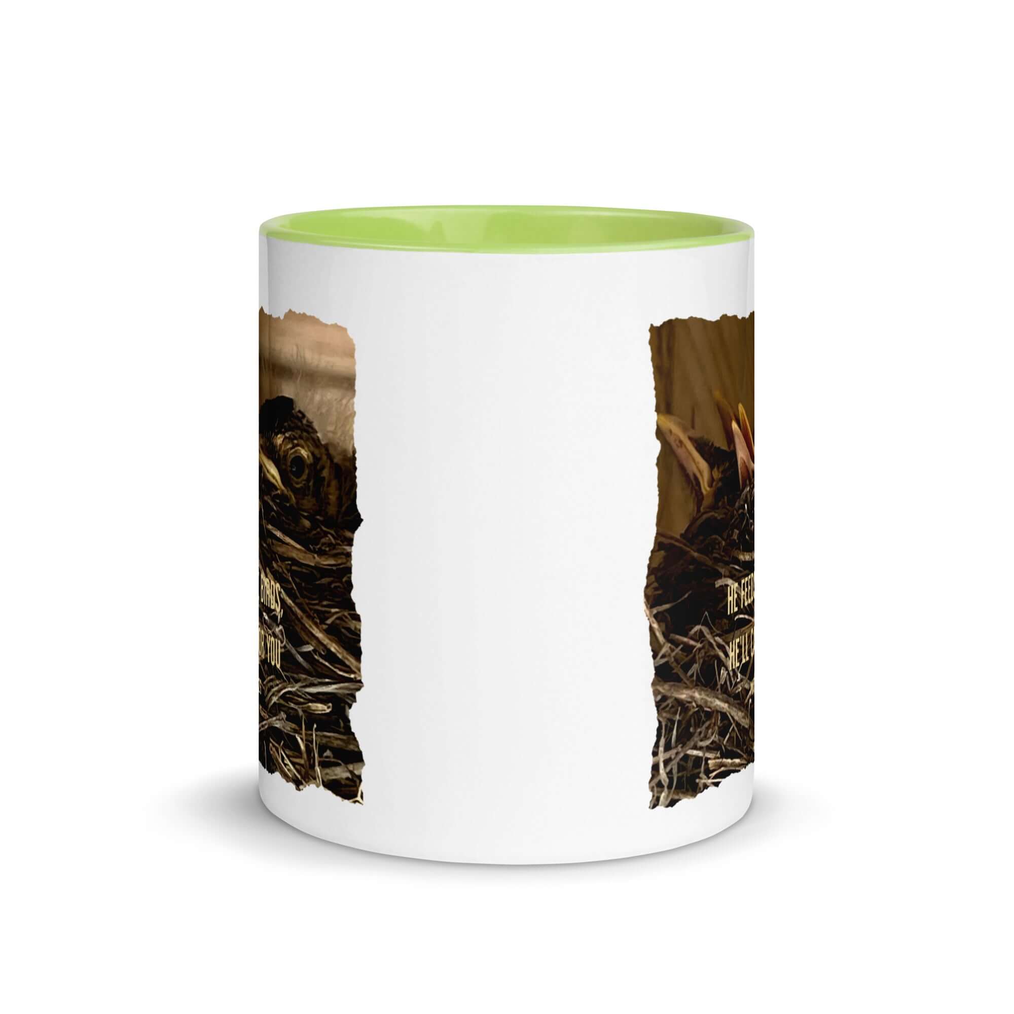 Matthew 6:26 Baby Robins, He'll Care for You White Ceramic Mug with Color Inside