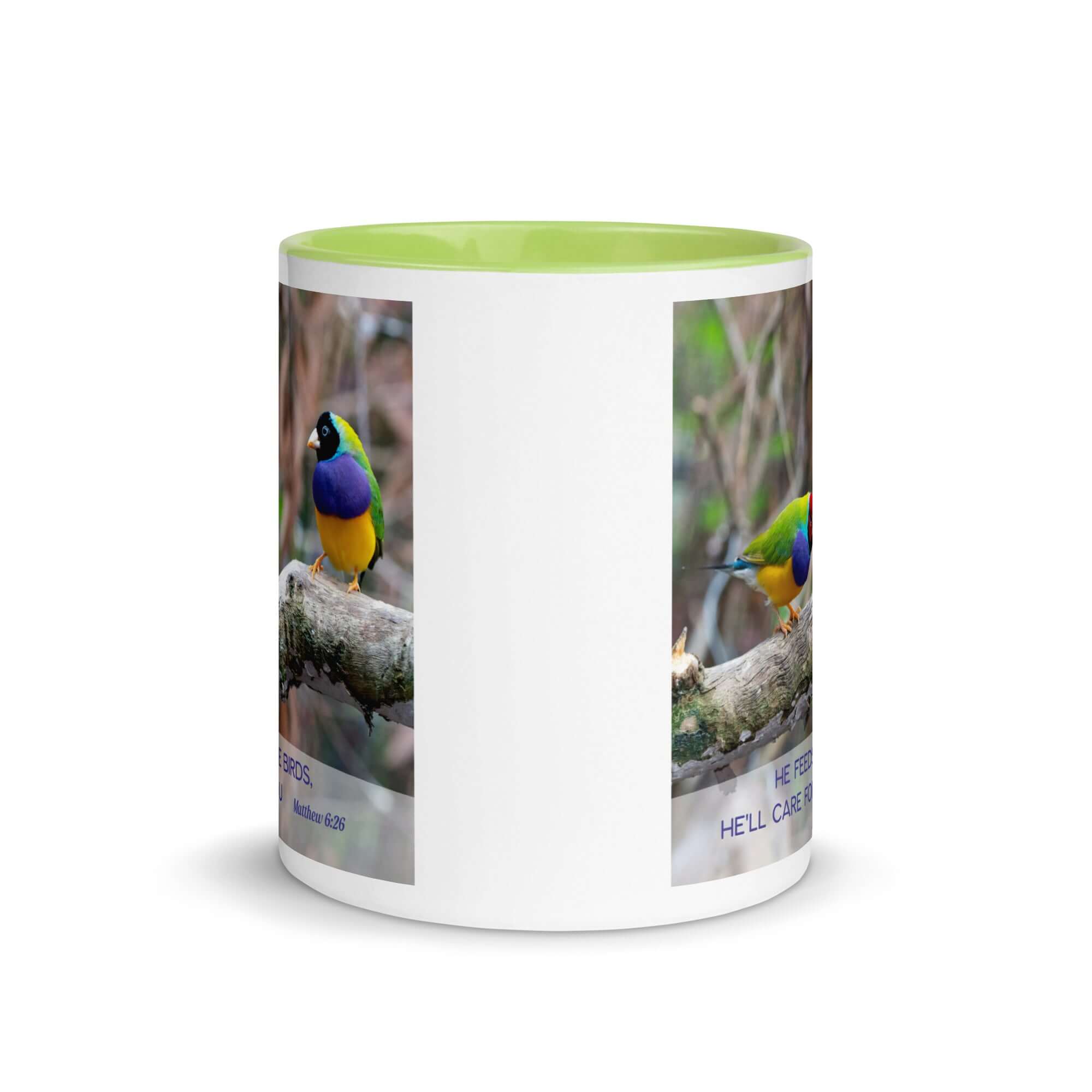 Matthew 6:26 Gouldian Finches, He'll Care for You White Ceramic Mug with Color Inside
