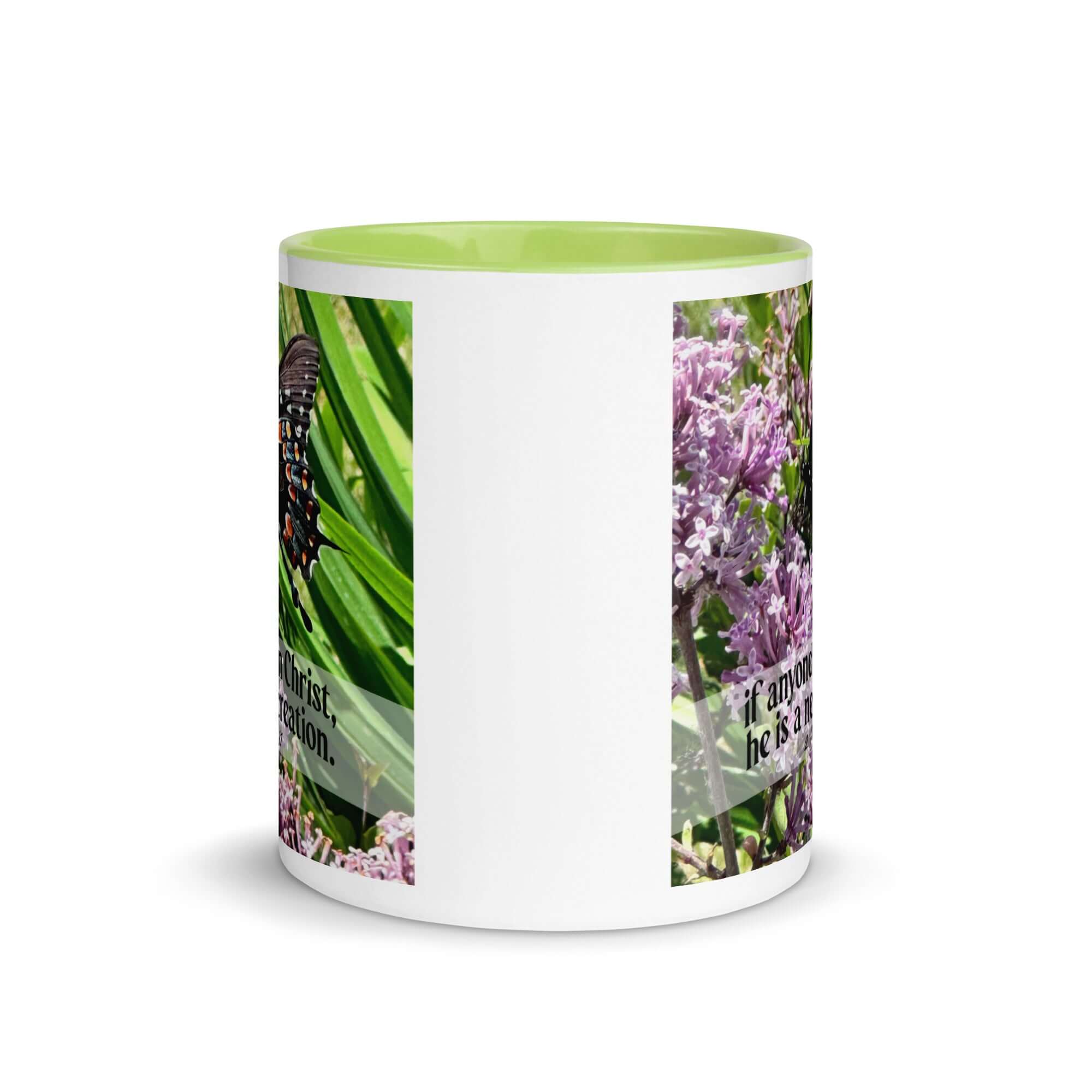 2 Corinthians 5:17 Bible Verse, Butterfly White Ceramic Mug with Color Inside
