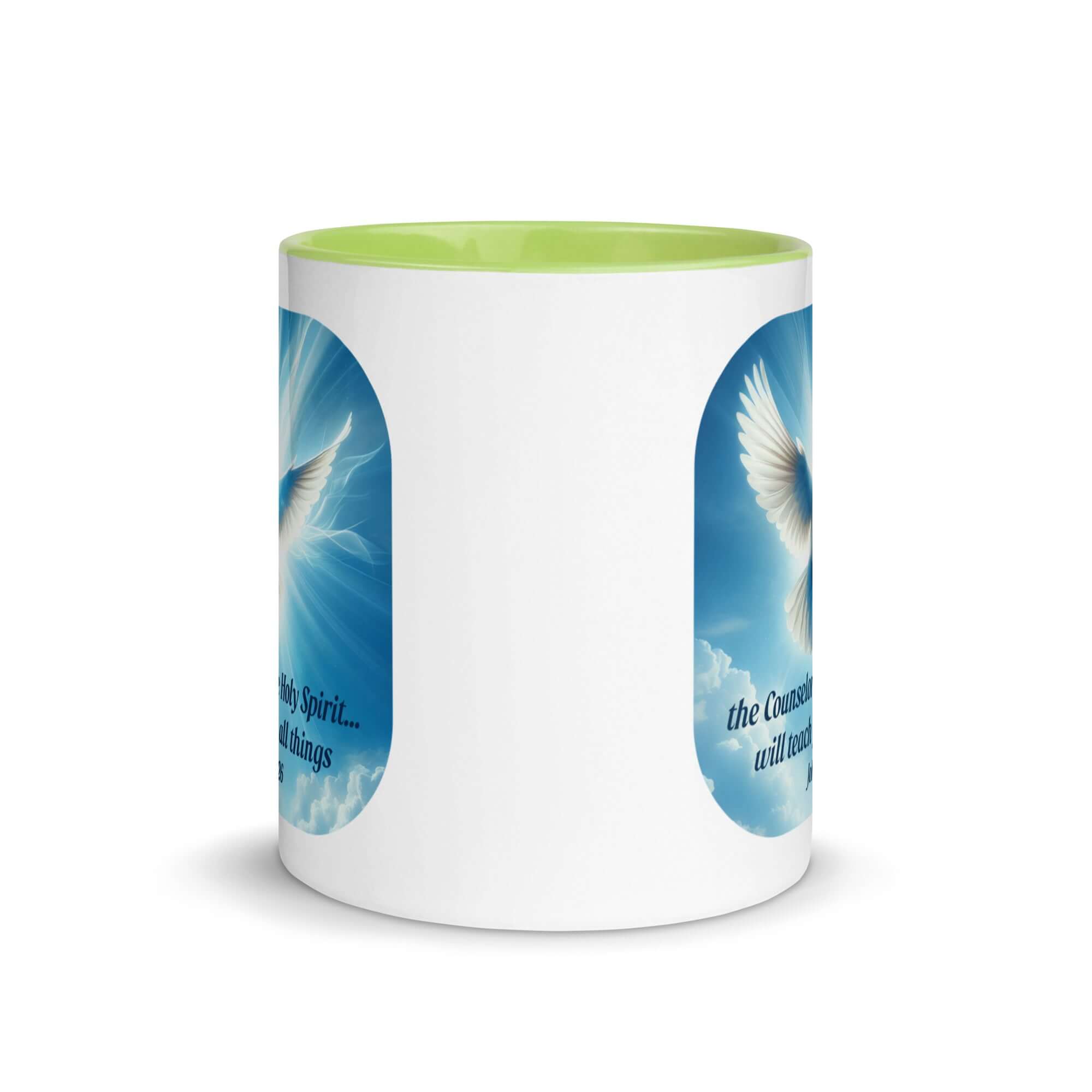 John 14:26 Bible Verse, Holy Spirit Dove White Ceramic Mug with Color Inside