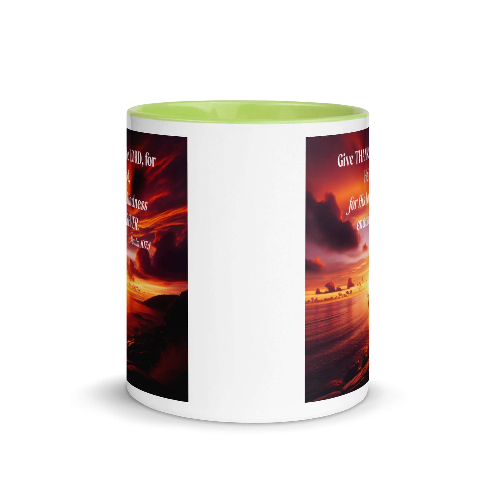 Psalm 107:1 Bible Verse, Give Thanks to the Lord White Ceramic Mug with Color Inside