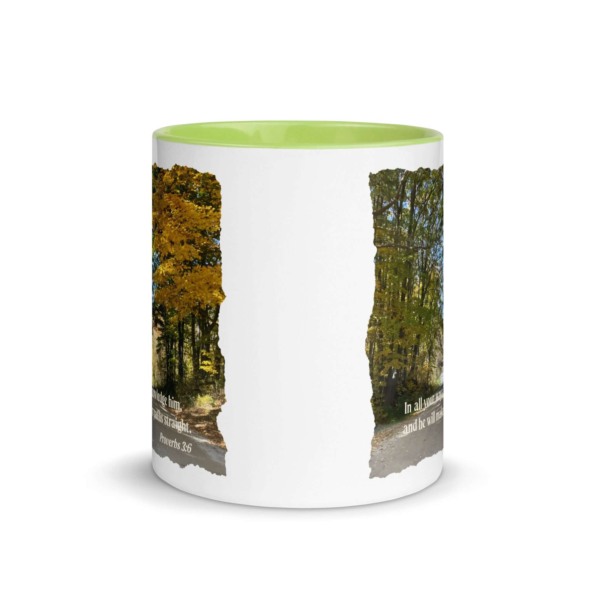 Proverbs 3:6 Bible Verse, Fall Road White Ceramic Mug with Color Inside