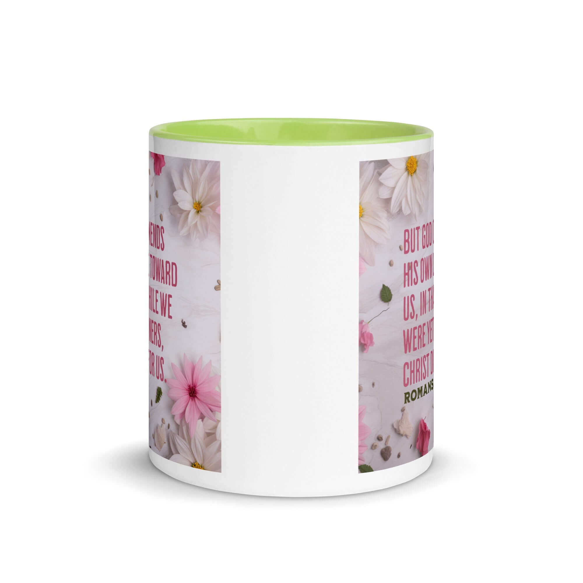 Romans 5:8 Bible Verse, Christ Died for Us White Ceramic Mug with Color Inside