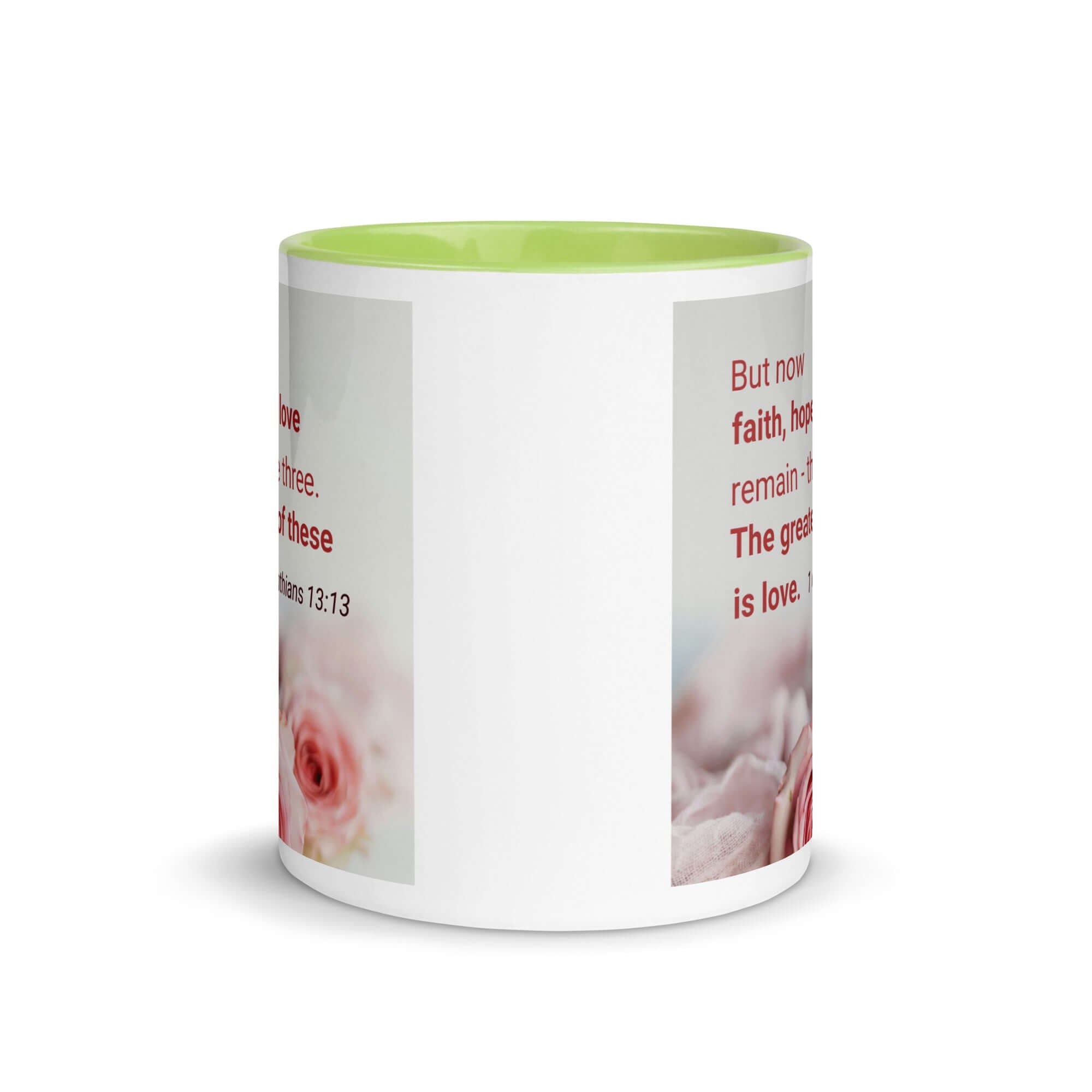 1 Corinthians 13:13 Bible Verse, The Greatest is Love White Ceramic Mug with Color Inside