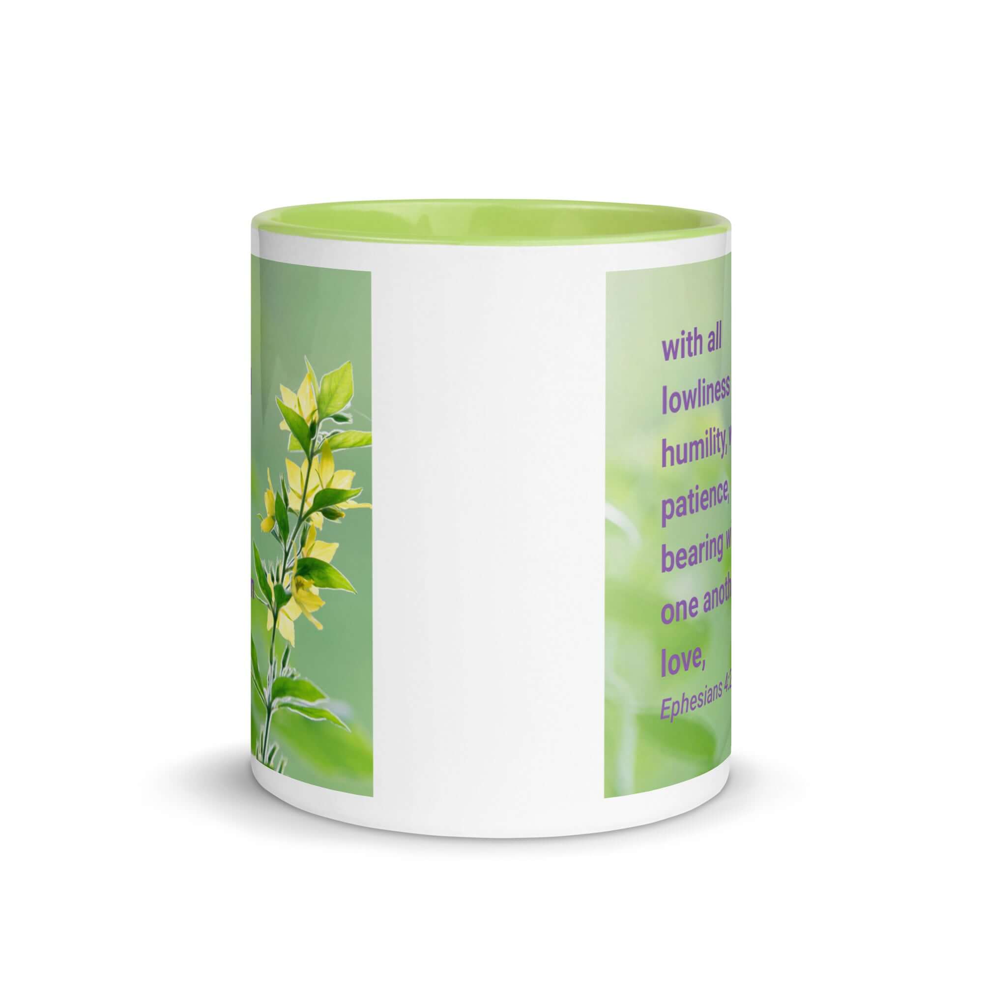 Ephesians 4:2 Bible Verse, one another in love White Ceramic Mug with Color Inside
