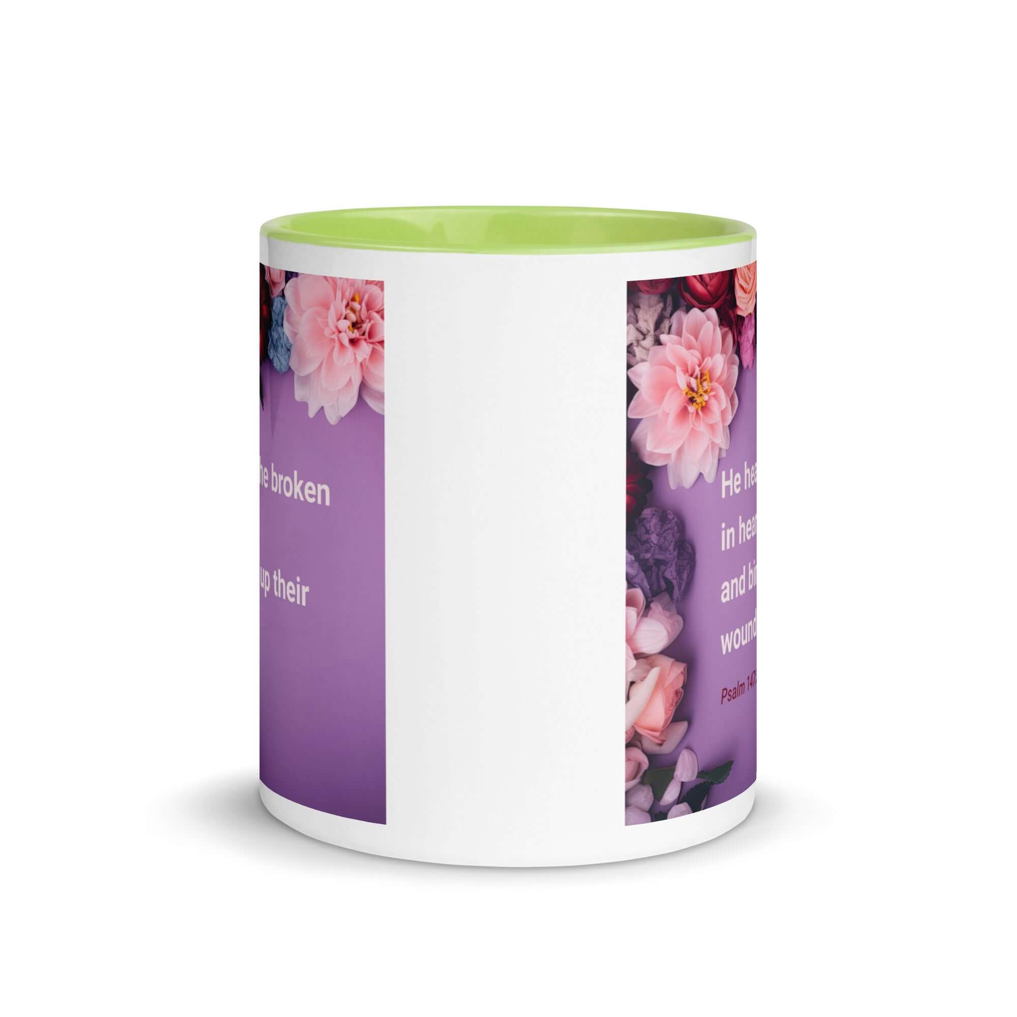 Psalm 147:3 Bible Verse, He heals the broken White Ceramic Mug with Color Inside