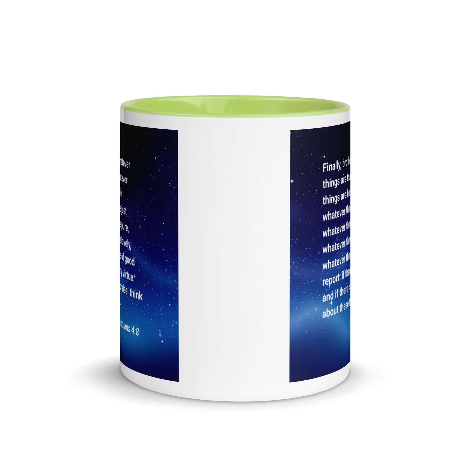 Philippians 4:8 Bible Verse, Think these things White Ceramic Mug with Color Inside