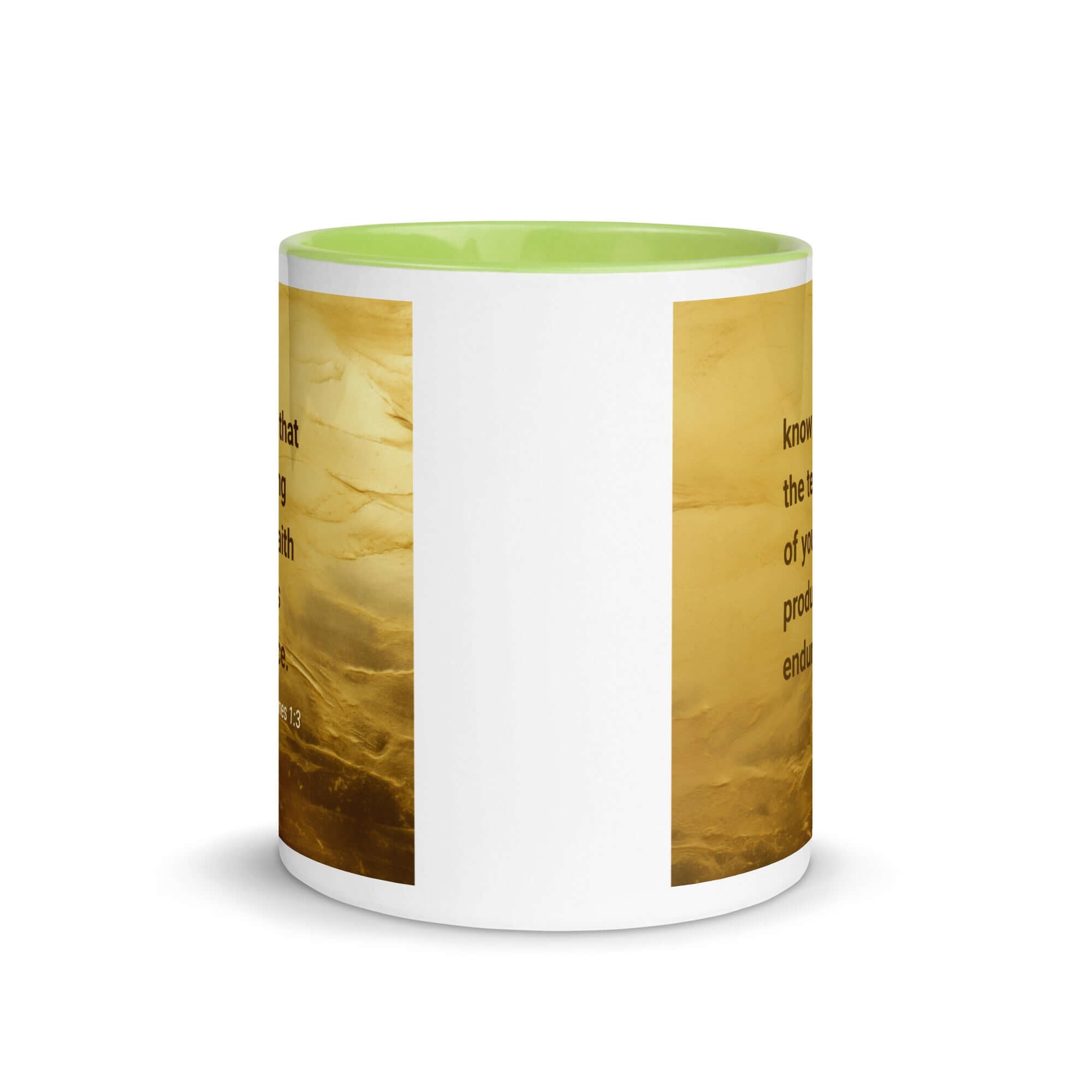 James 1:3 Bible Verse, testing of your faith White Ceramic Mug with Color Inside