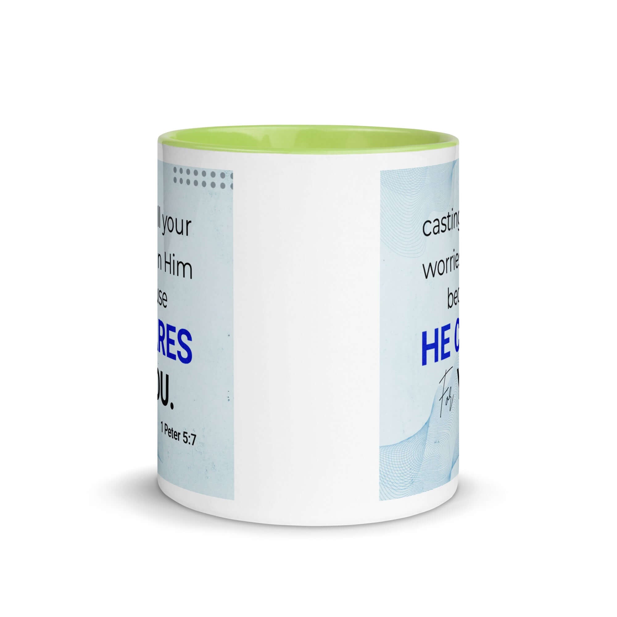 1 Peter 5:7 Bible Verse, casting all your worries on Him White Ceramic Mug with Color Inside