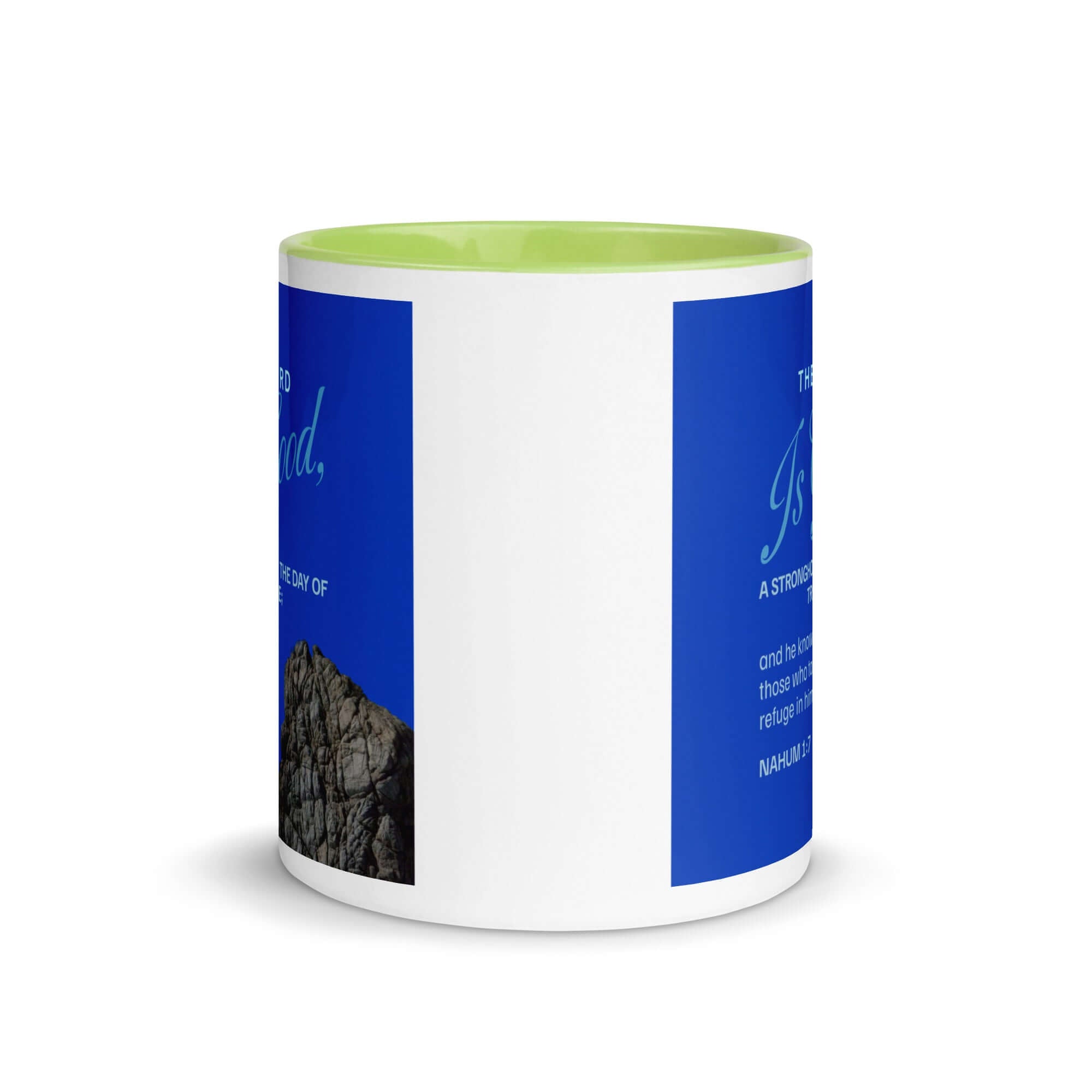 Nahum 1:7 Bible Verse, The LORD is a stronghold White Ceramic Mug with Color Inside