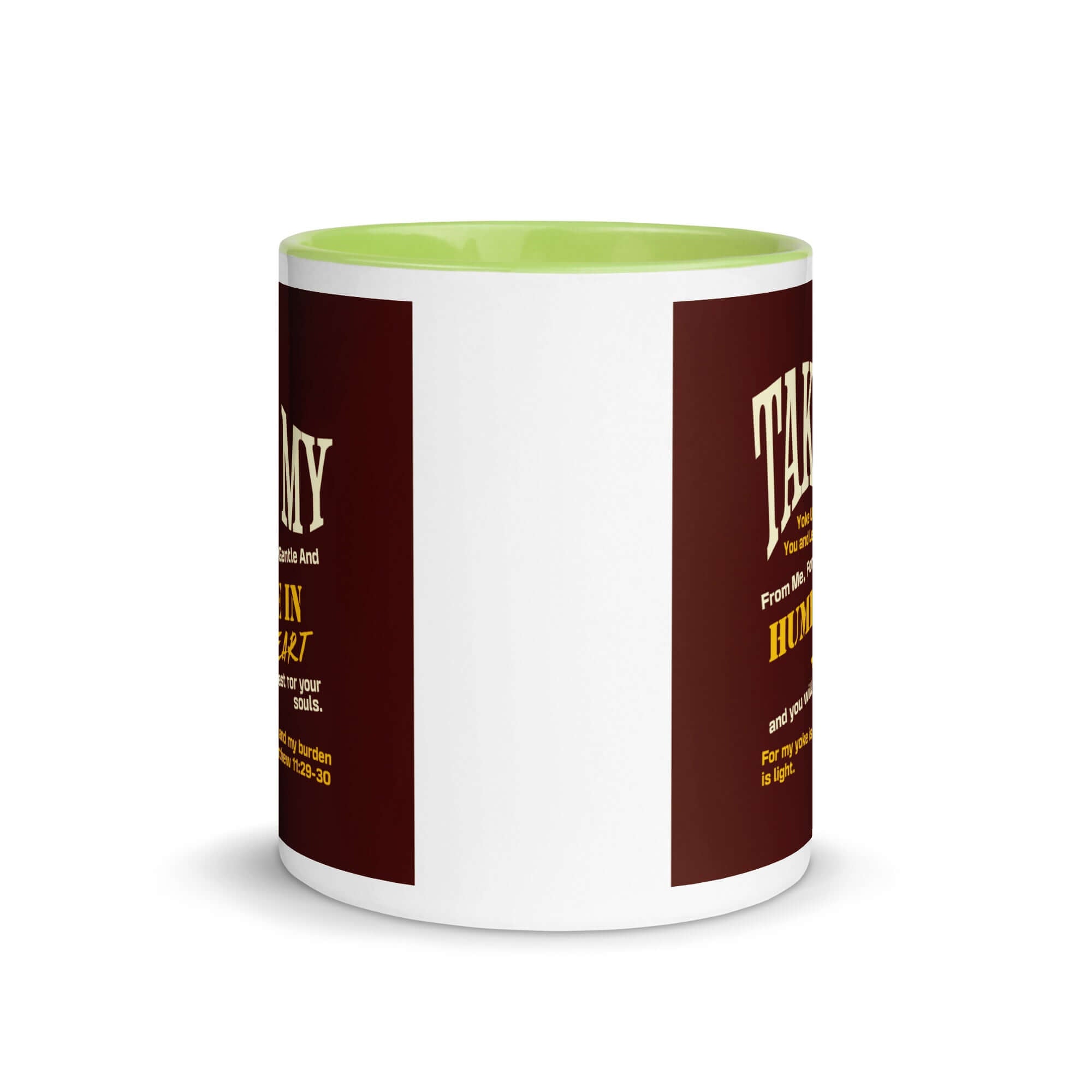 Matthew 11:29-30 Bible Verse, learn from me White Ceramic Mug with Color Inside