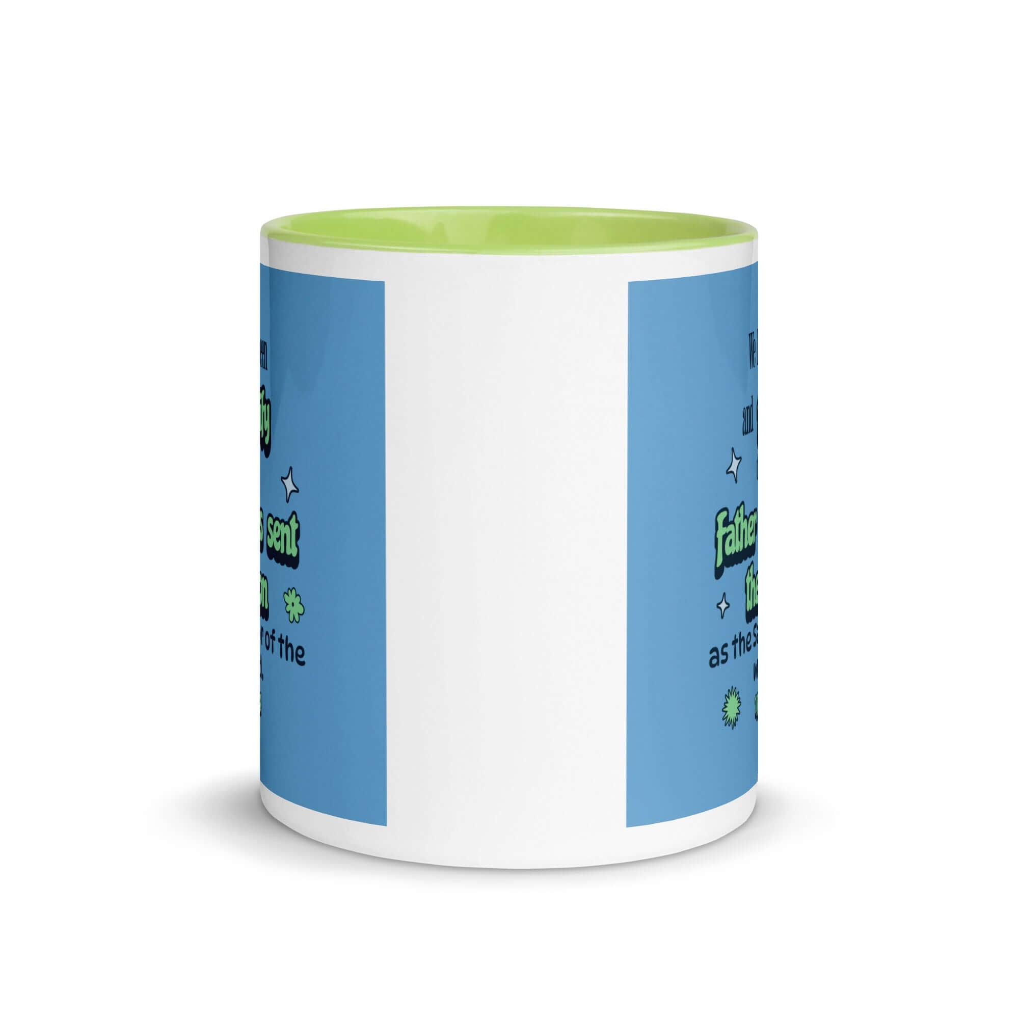 1 John 4:14 Bible Verse, sent the Son White Ceramic Mug with Color Inside