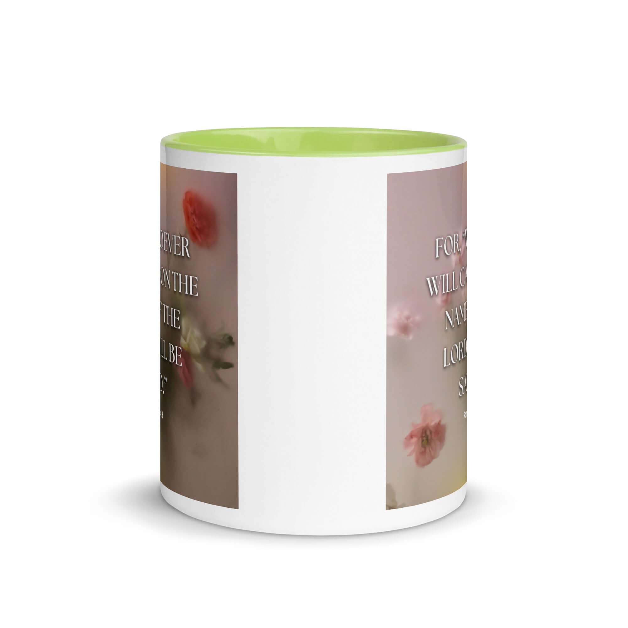 Romans 10:13 Bible Verse, will call White Ceramic Mug with Color Inside