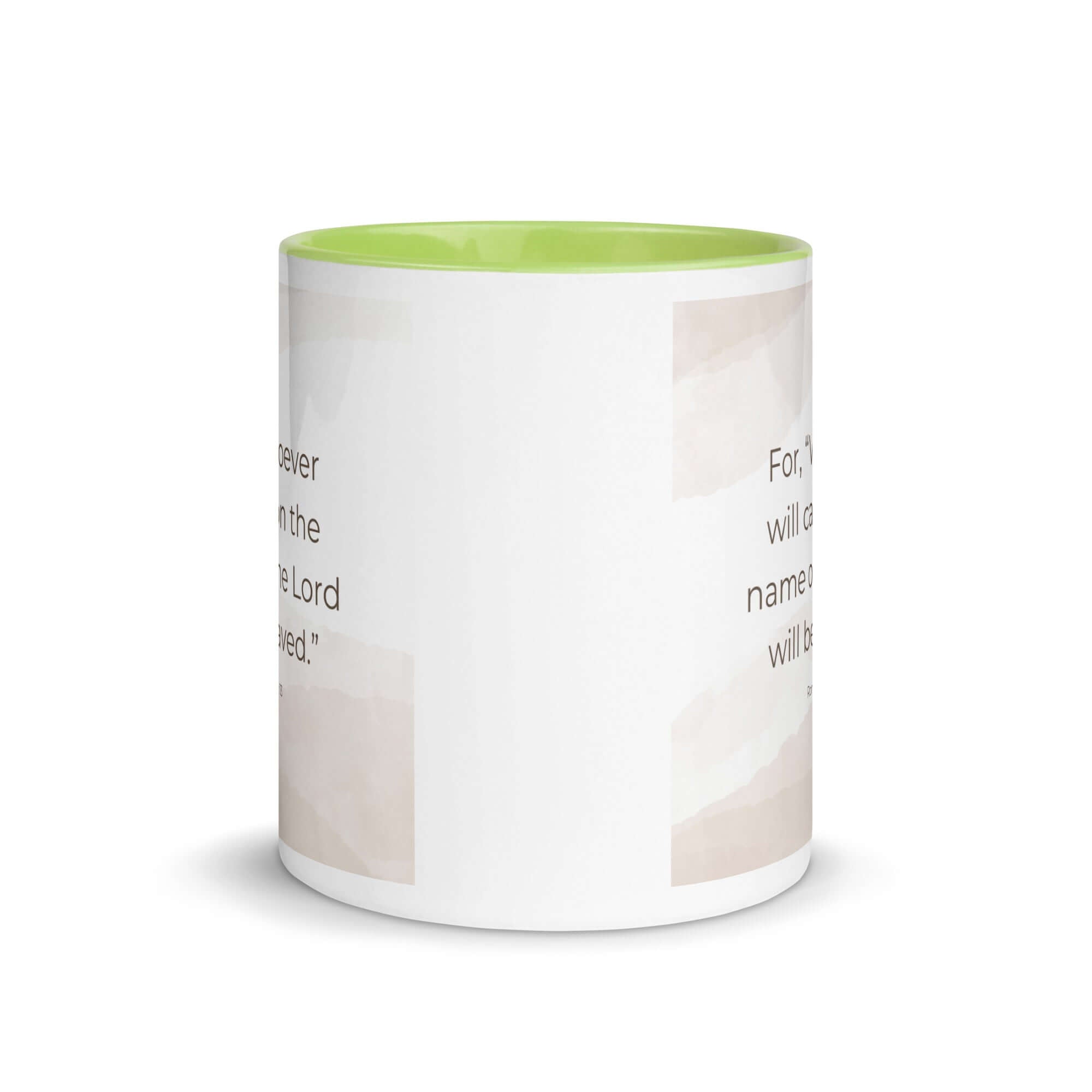 Romans 10:13 Bible Verse, the name White Ceramic Mug with Color Inside