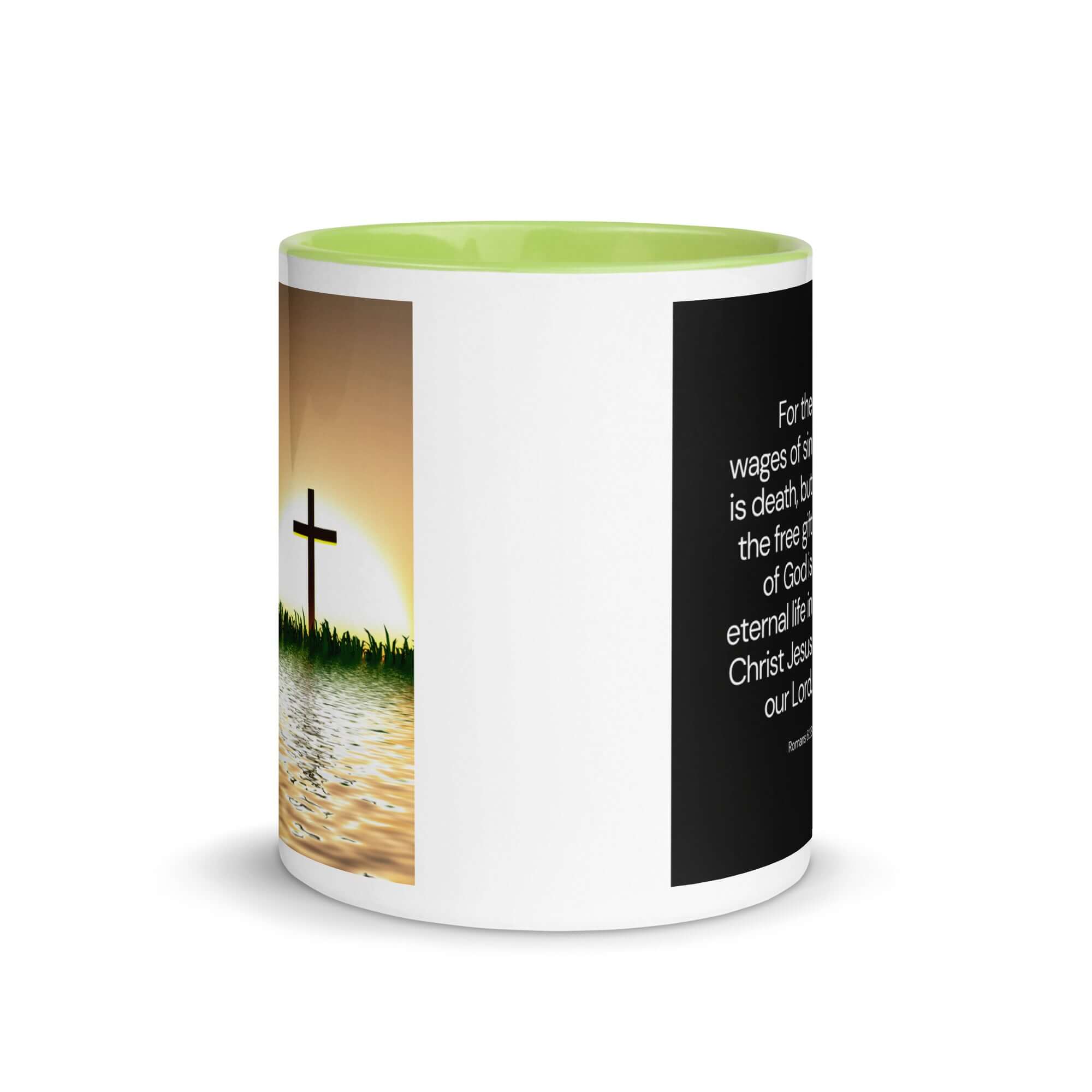 Romans 6:23 Bible Verse, the wages White Ceramic Mug with Color Inside
