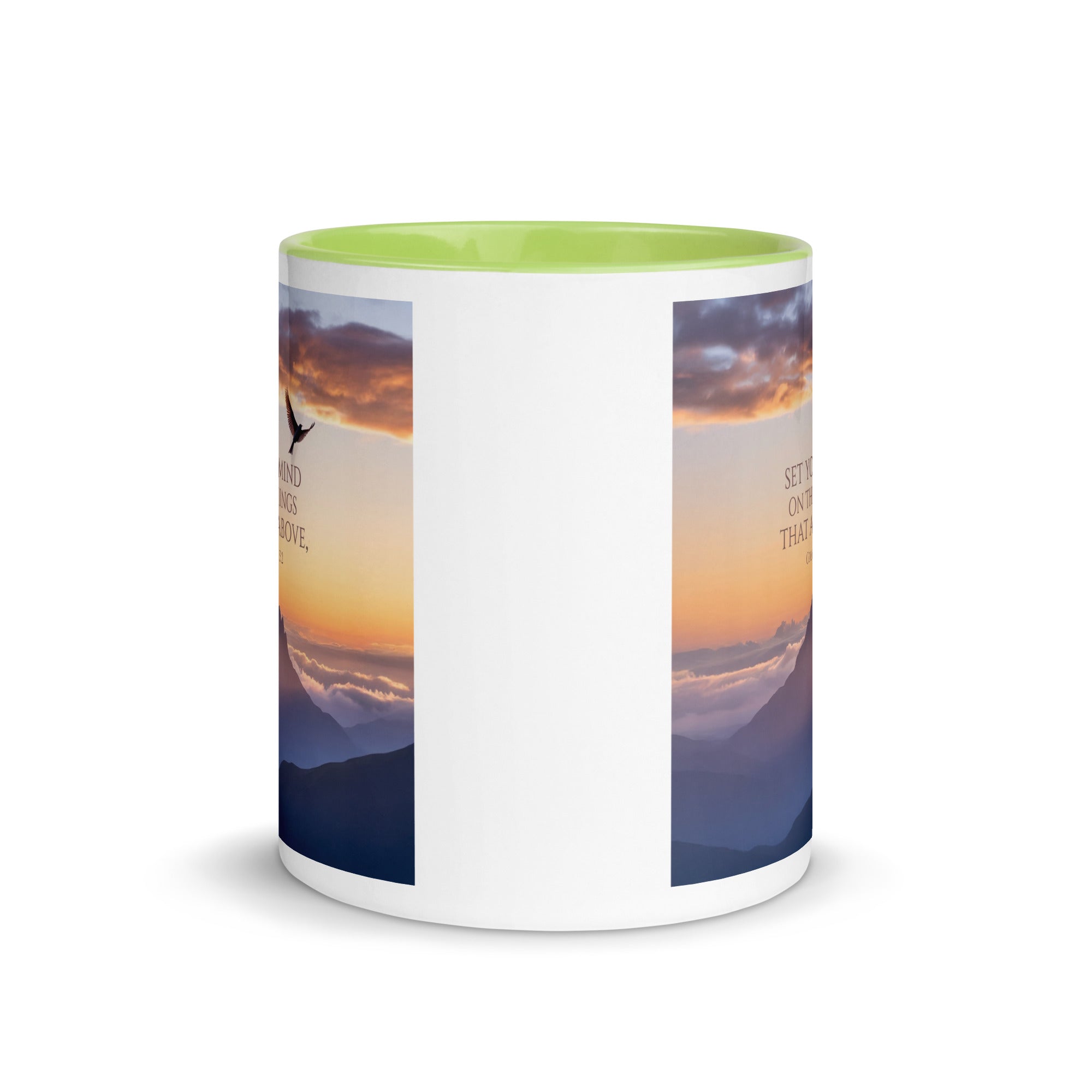 Colossians 3:2 Bible Verse are above White Ceramic Mug with Color Inside