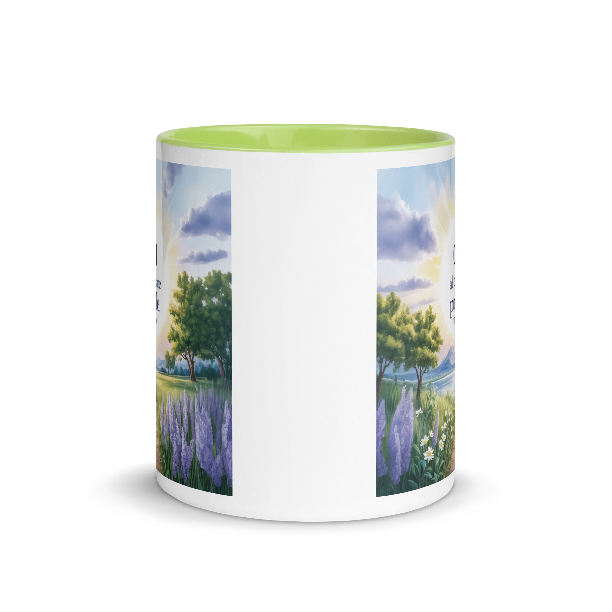 Matthew 19:26 Bible Verse Looking at White Ceramic Mug with Color Inside