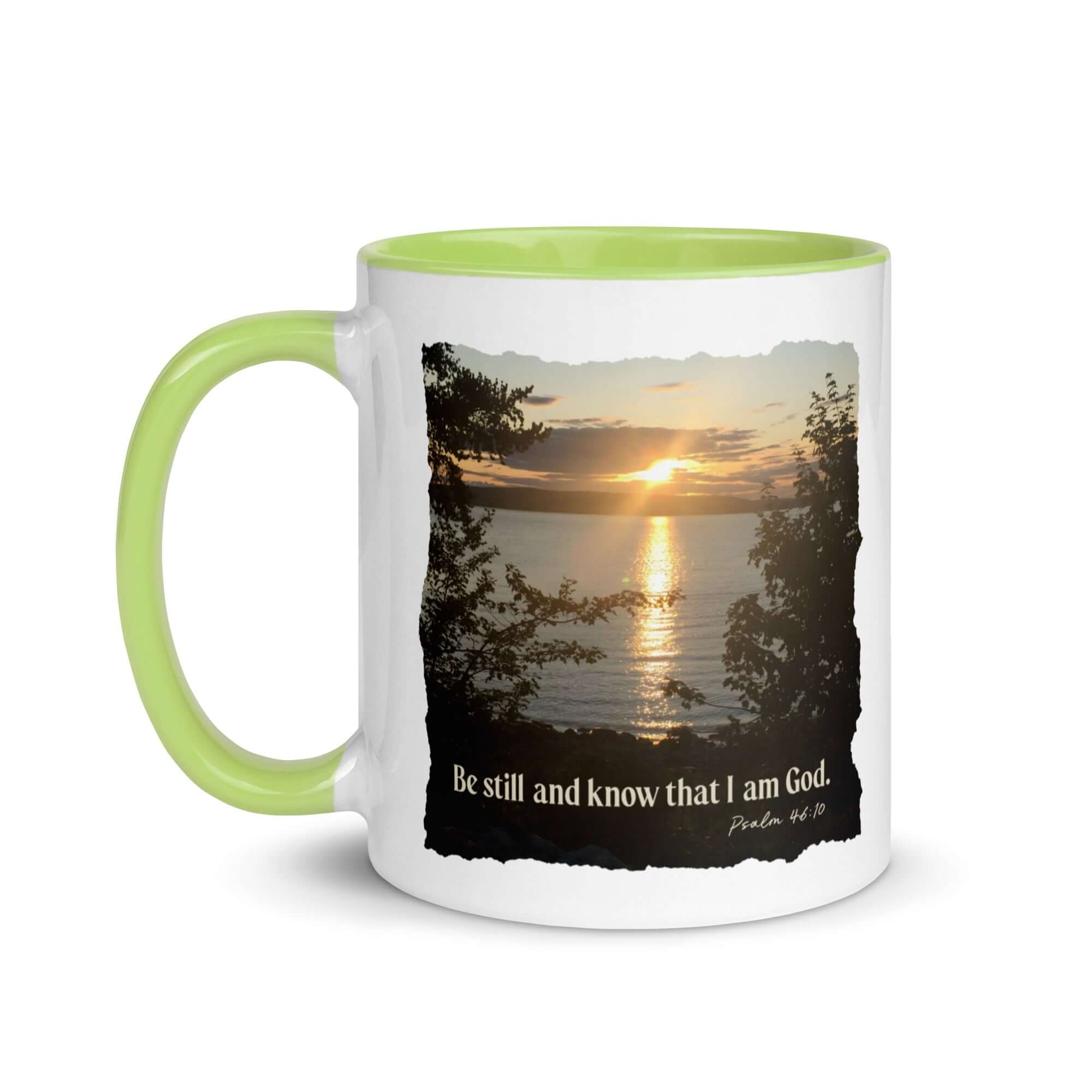 Psalm 46:10 Bible Verse, Sunset Glory White Ceramic Mug with Color Inside