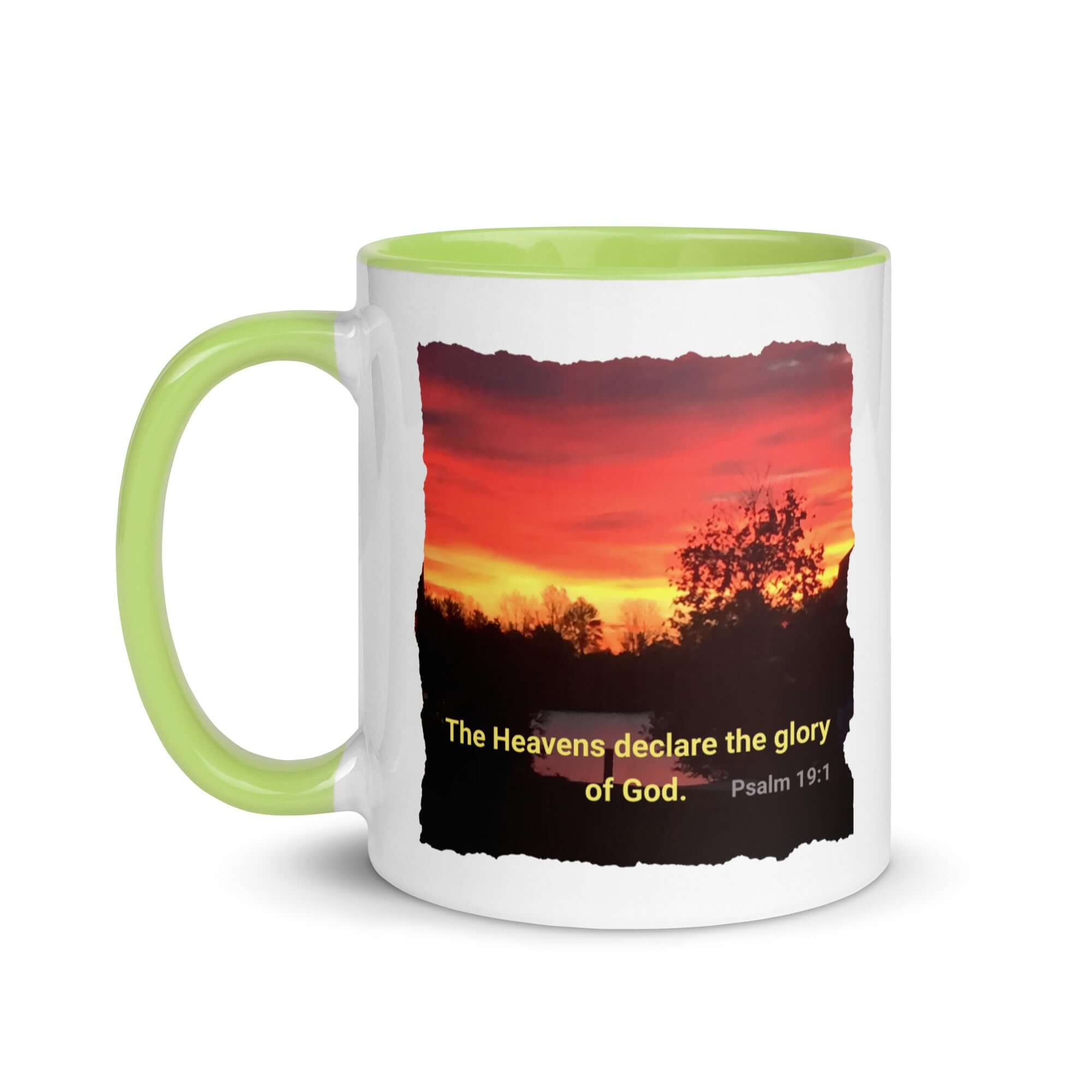 Psalm 19:1 Bible Verse, Sunset Glory White Ceramic Mug with Color Inside