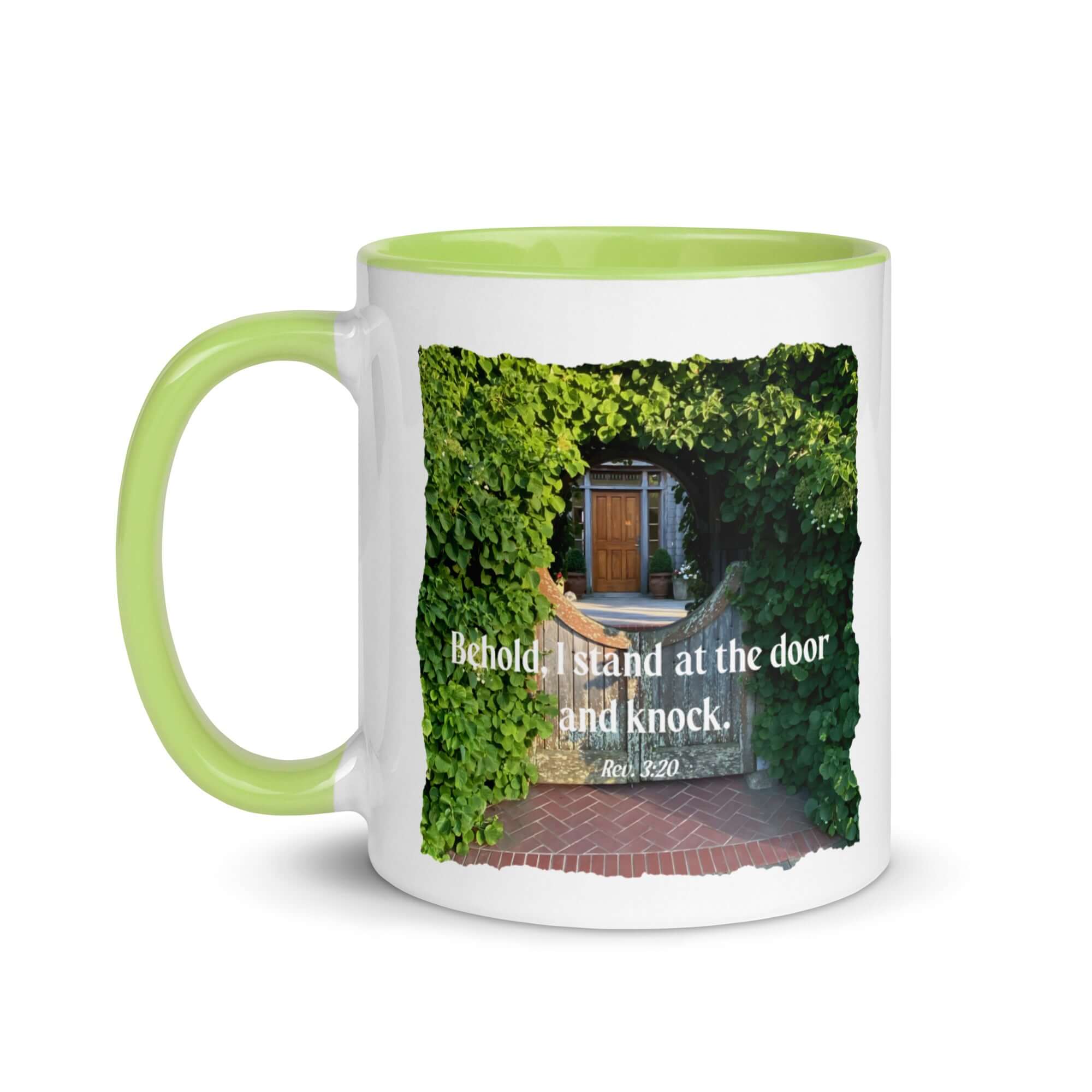 Revelation 3:20 Bible Verse, Garden Doorway White Ceramic Mug with Color Inside